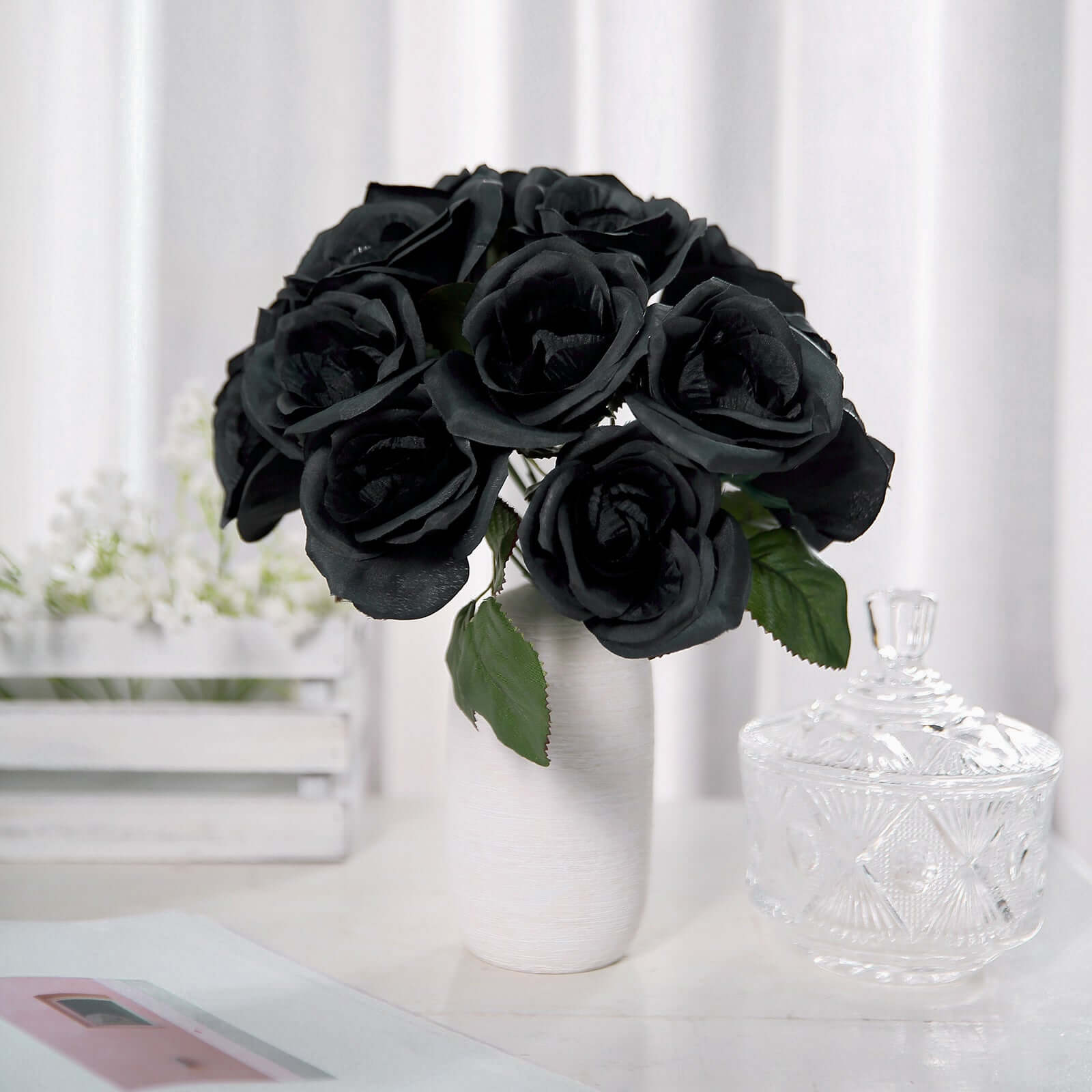 12" Black Artificial Velvet-Like Fabric Rose Flower Bouquet Bush
