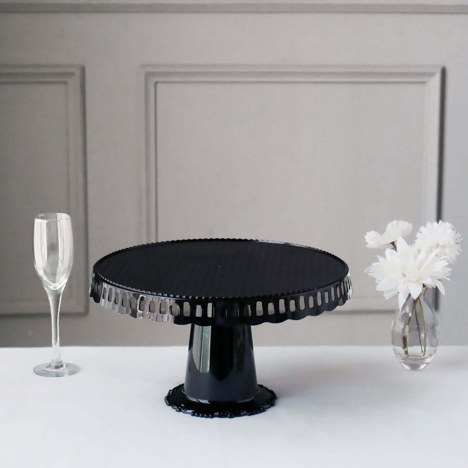 4-Pack Plastic Round Pedestal Cake Stands Black - Reusable Cupcake Pastry Display Risers with Hollow Ribbon Trim Edges for Stylish Dessert Presentation 13"