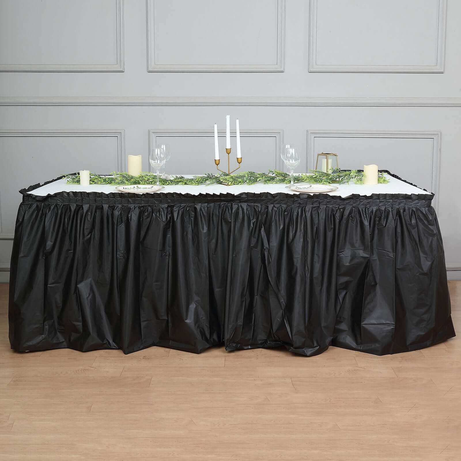 Plastic Table Skirt Black Ruffled - Durable Disposable Skirt for Events 14ft