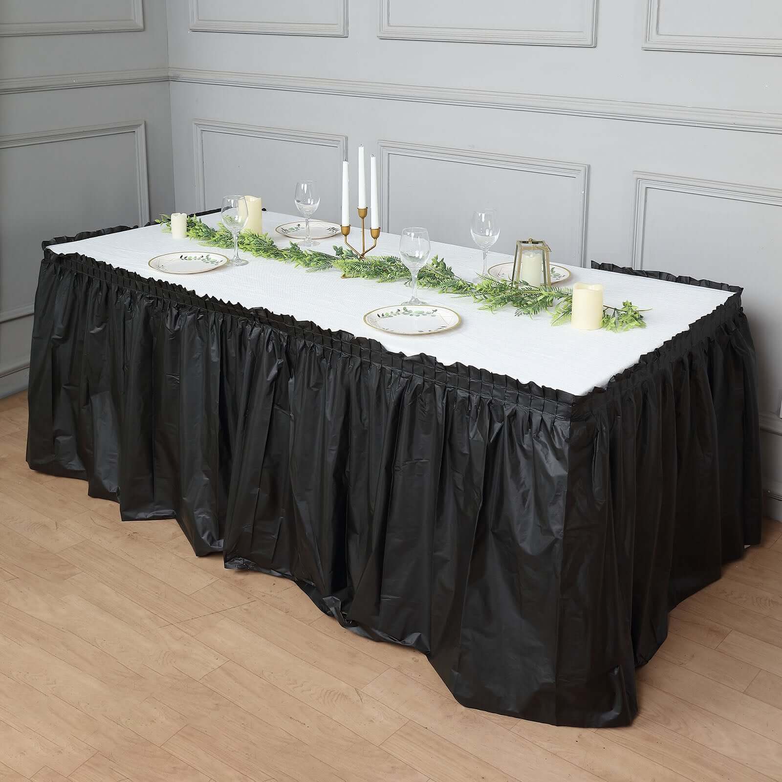 Plastic Table Skirt Black Ruffled - Durable Disposable Skirt for Events 14ft