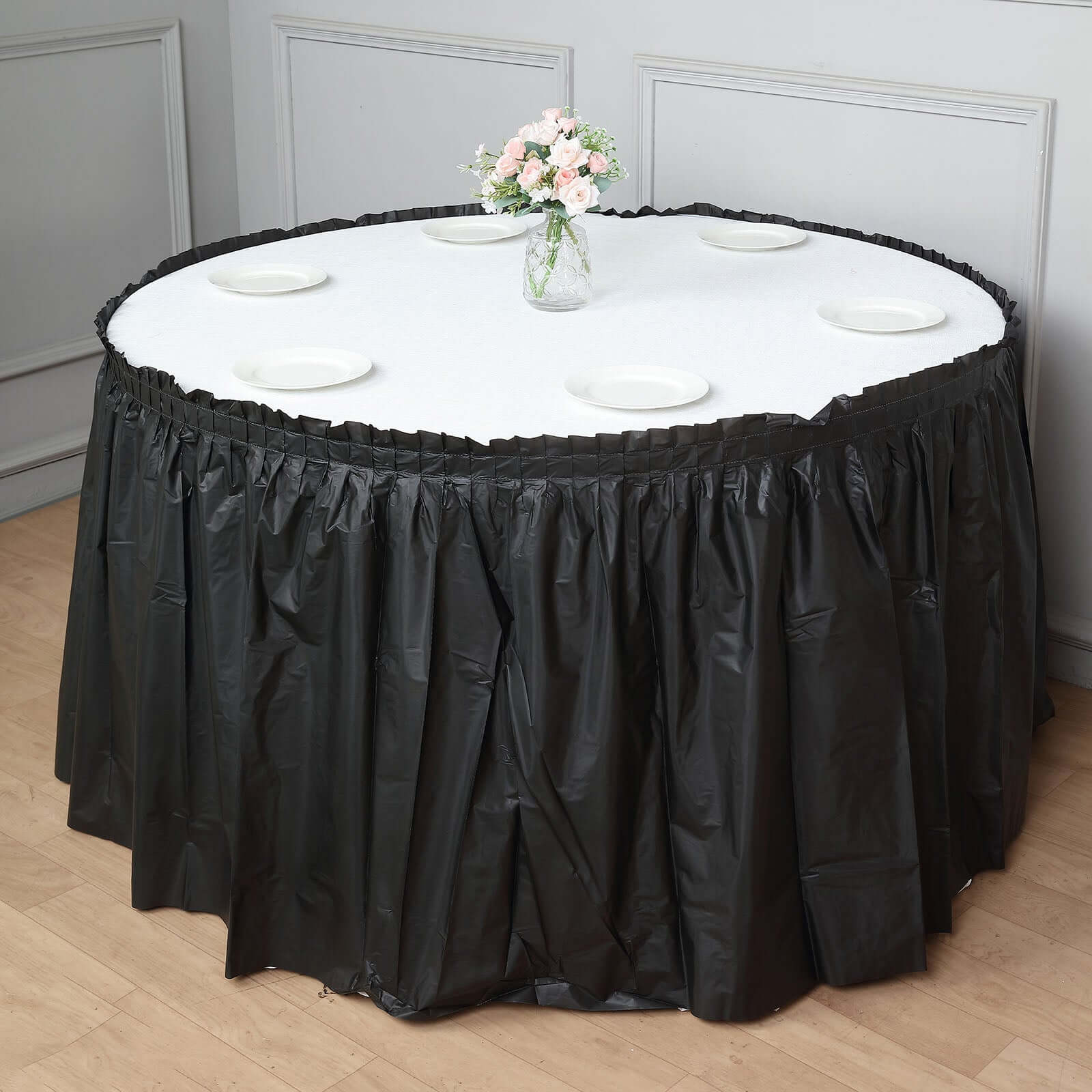 Plastic Table Skirt Black Ruffled - Durable Disposable Skirt for Events 14ft