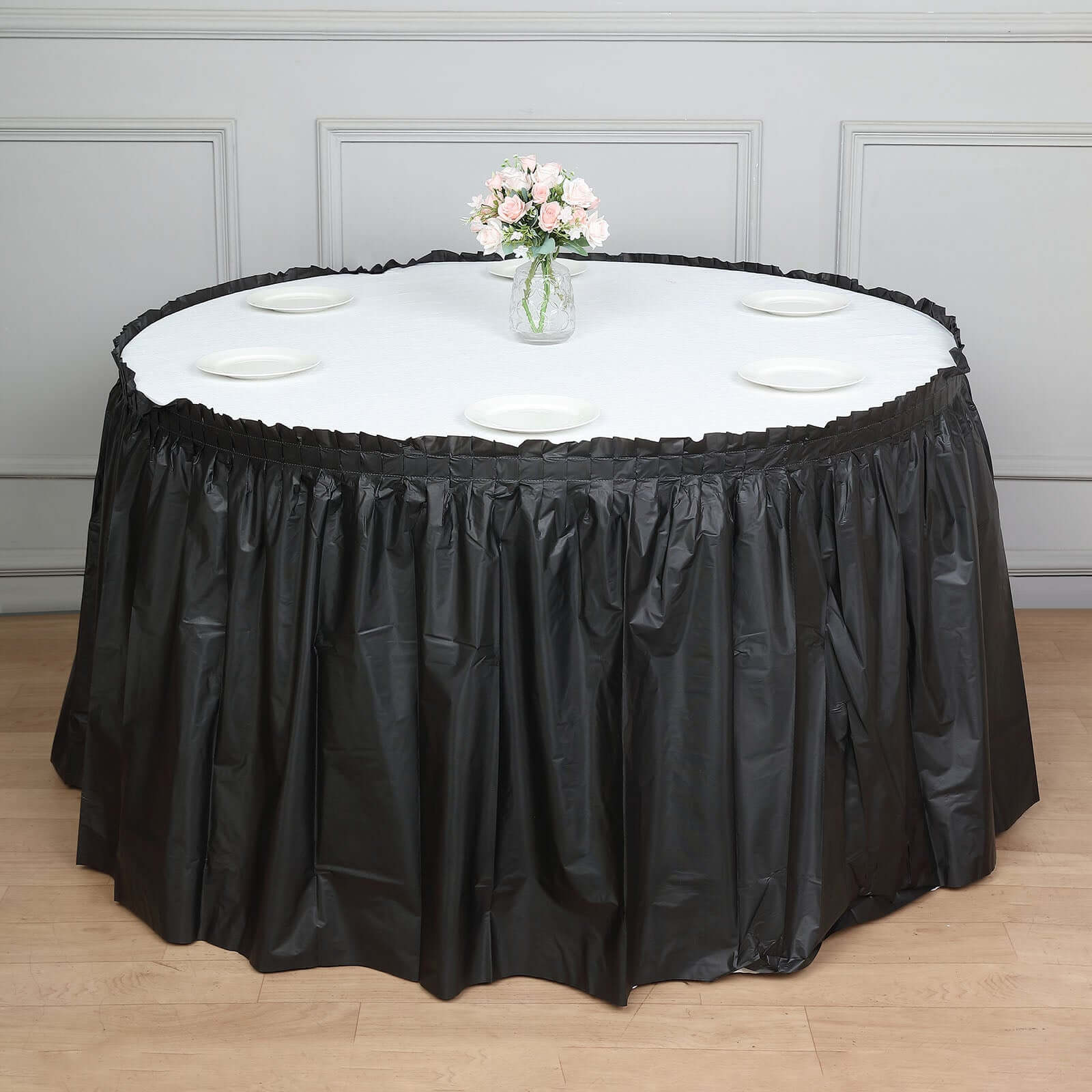 Plastic Table Skirt Black Ruffled - Durable Disposable Skirt for Events 14ft