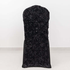 Satin Rosette Chair Cover for Banquet Chairs Black - Stretch Fitted Slip-On Slipcover