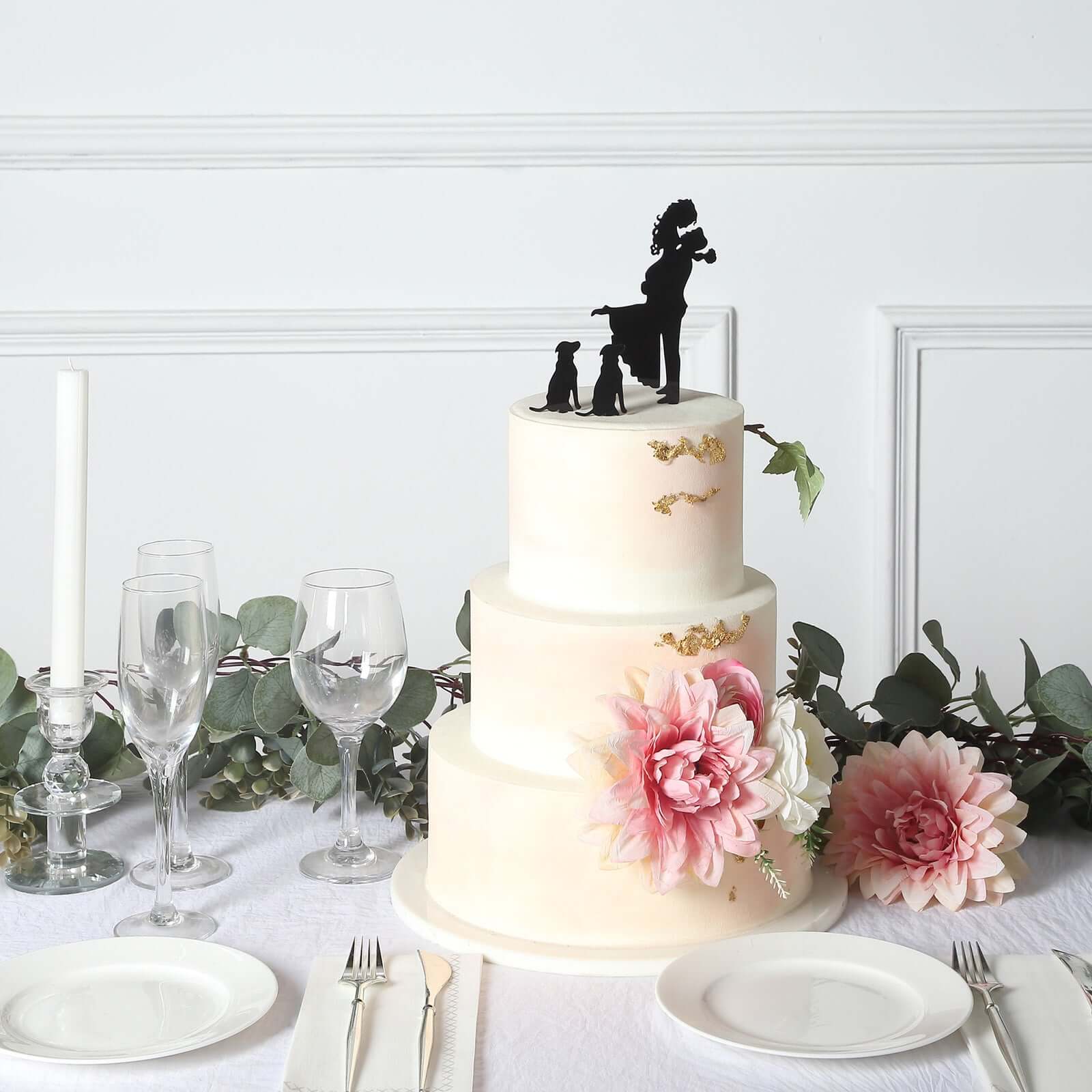 Acrylic Cake Toppers Black Silhouette Design of Bride, Groom, and Pet Dogs - Wedding Cake Decoration Set 7"