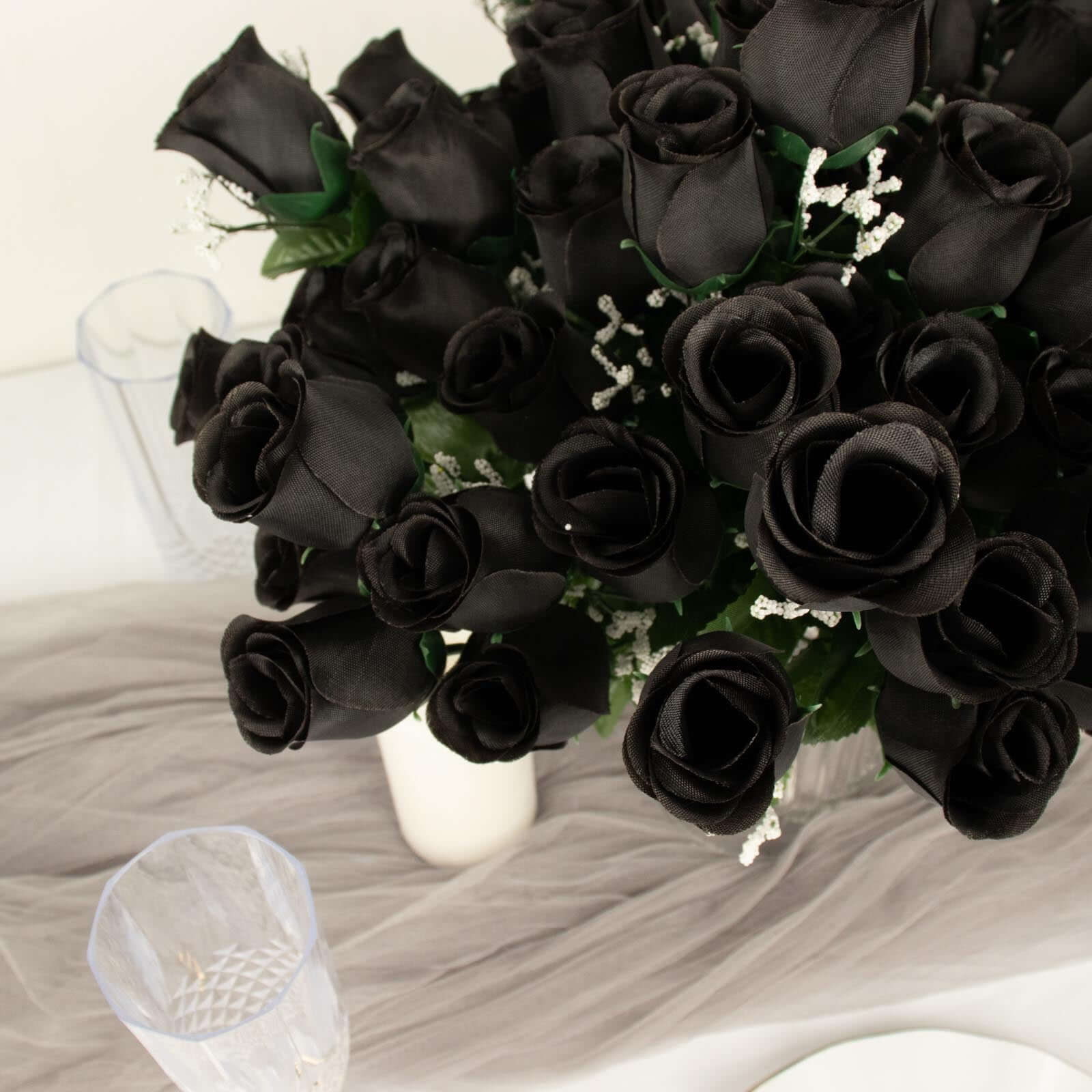 12 Bushes Black Artificial Premium Silk Flower Rose Bud Bouquets