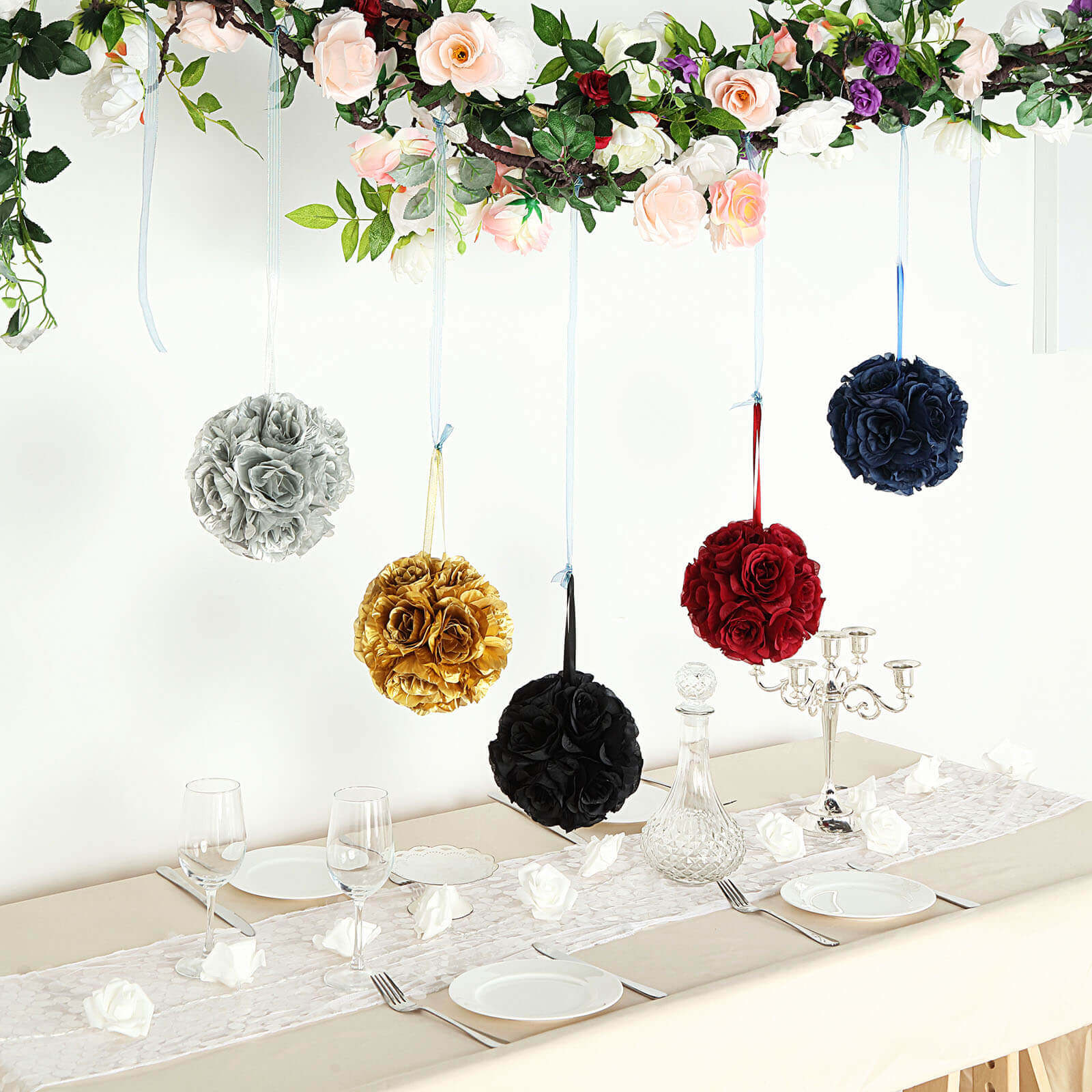 2 Pack 7" Black Artificial Silk Rose Kissing Ball, Faux Flower Ball