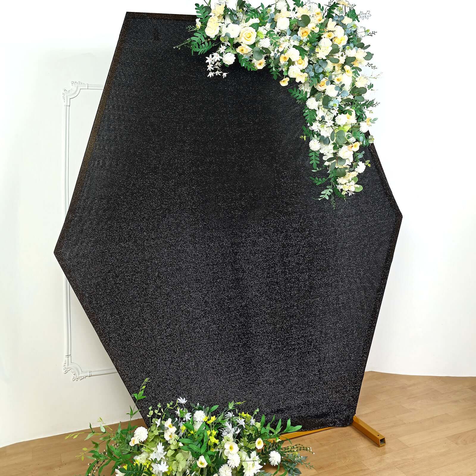 8ftx7ft Black Metallic Shimmer Tinsel Spandex Hexagon Wedding Arbor Cover, 2-Sided Backdrop