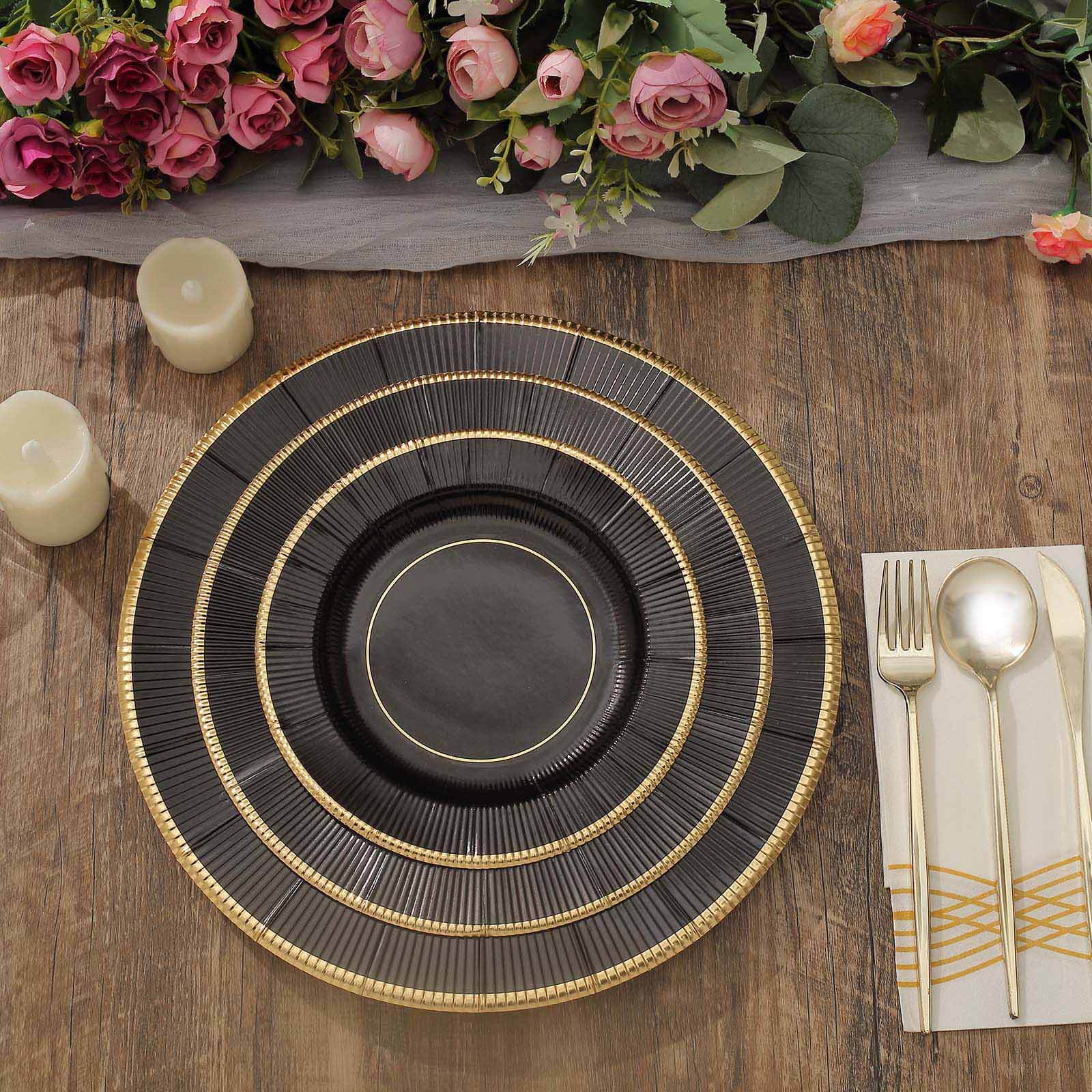 25-Pack Disposable Round Charger Plates in Black Sunray Design with Gold Rim - 350GSM Heavy Duty Paper Chargers 13"