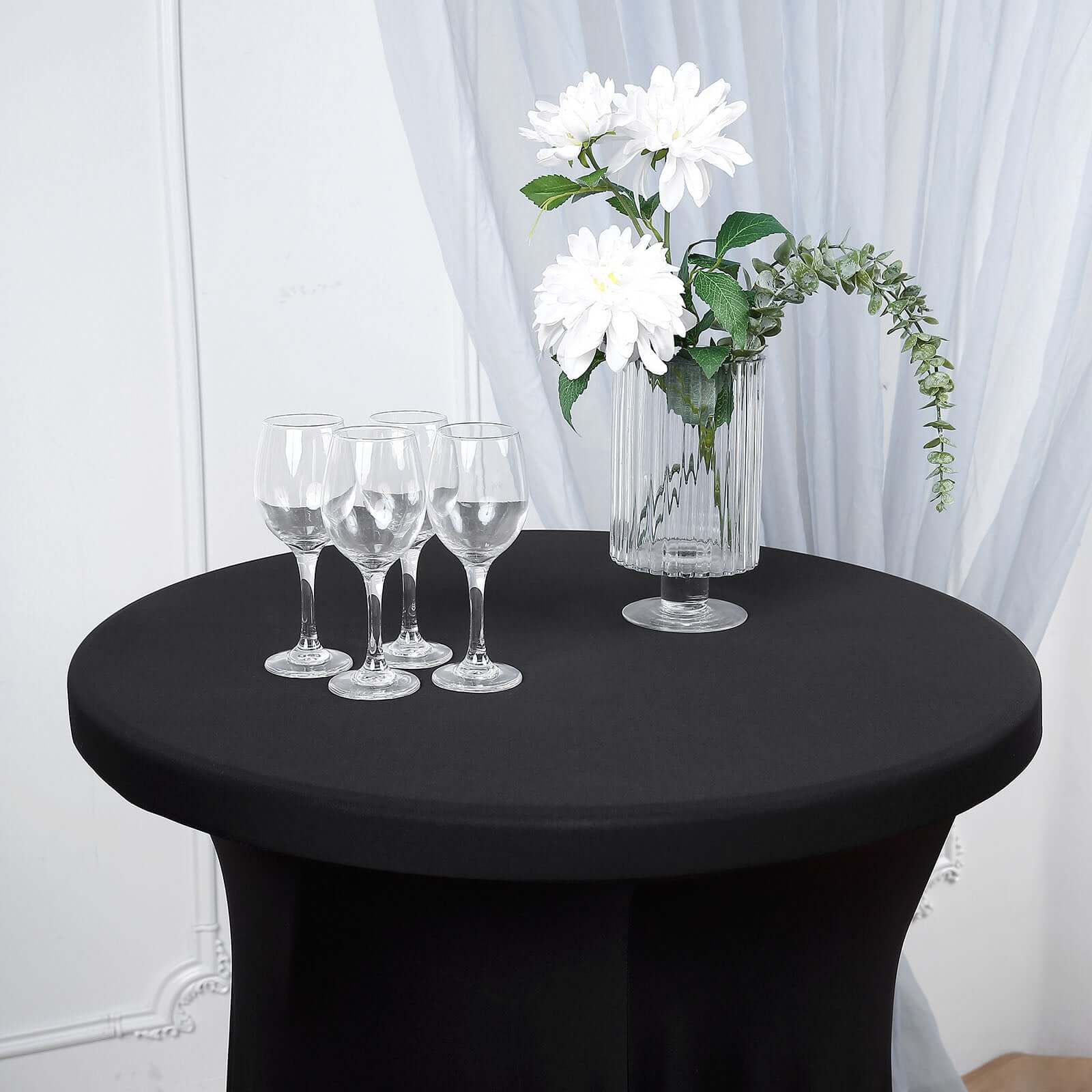 Spandex 32" Round Cocktail Table Cover Skirt Black With Natural Wavy Drapes