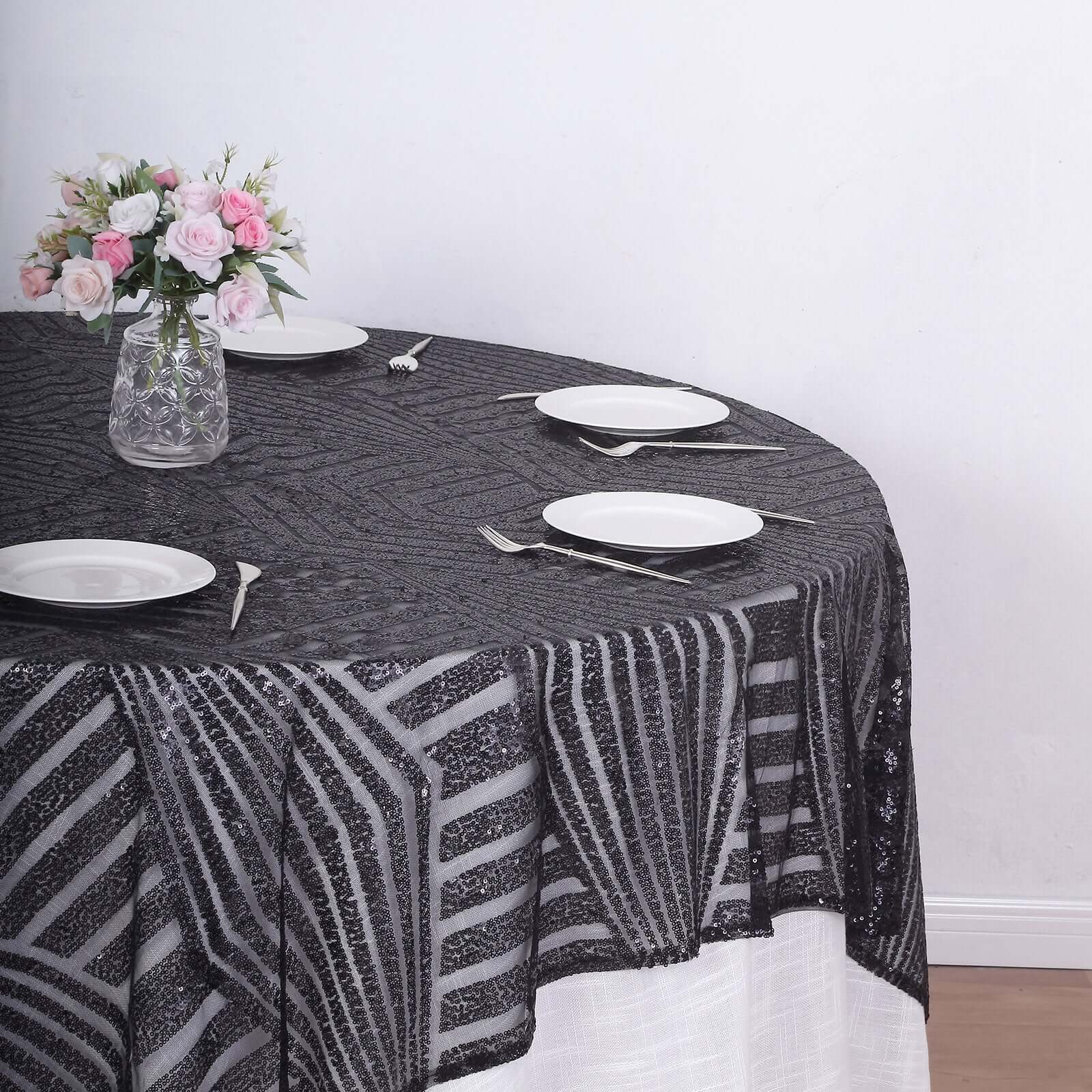 Sequin 72" Table Overlay Square Tablecloth Black - Diamond Glitz Table Cover