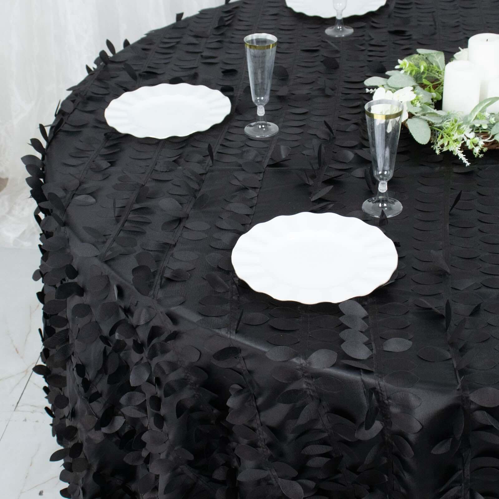 Taffeta 132" Round Tablecloth Black 3D | 3D Leaf Petal Design Seamless Table Cover