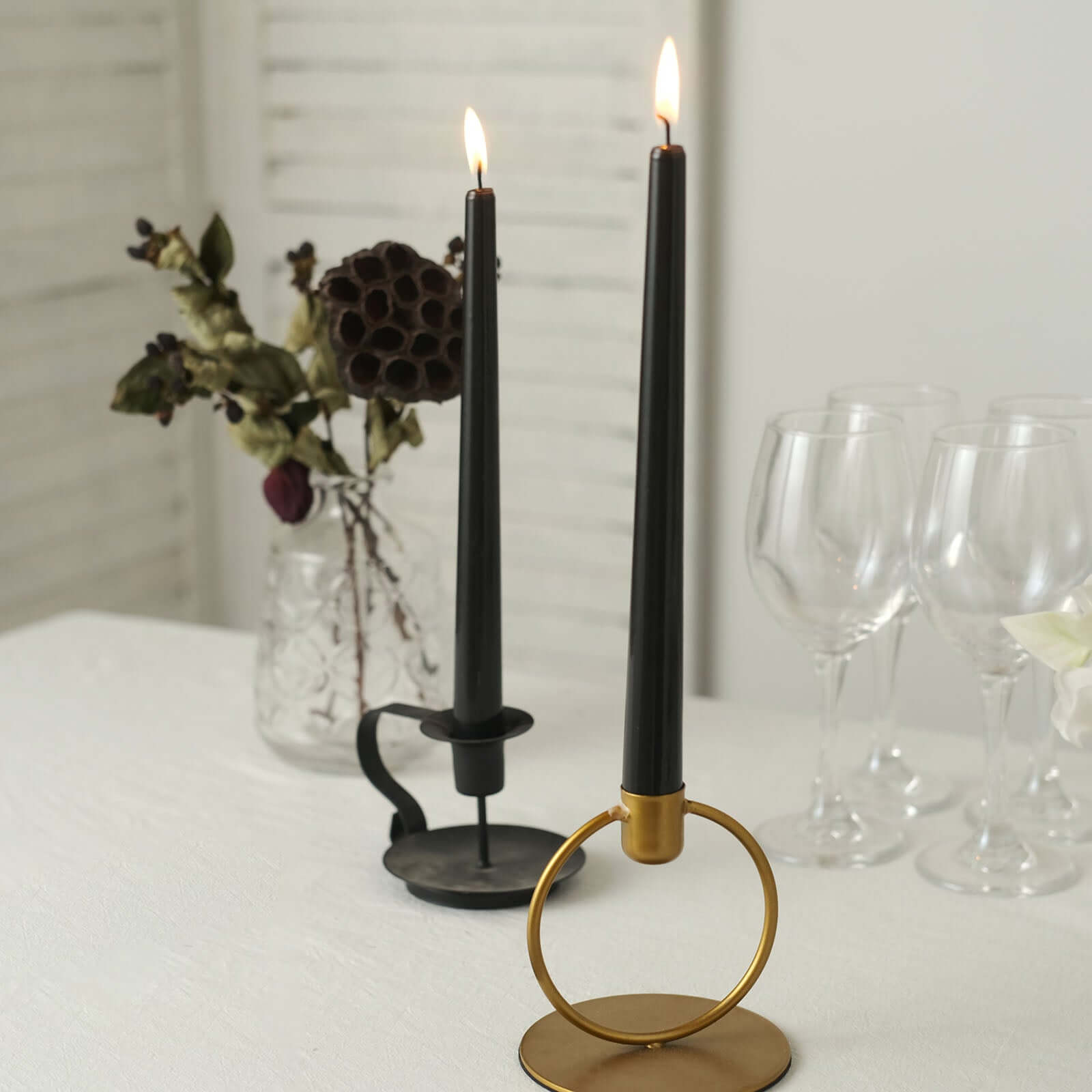 12-Pack Taper Candles Premium Wax Design Black - Unscented Candles for Upscale Settings 10"