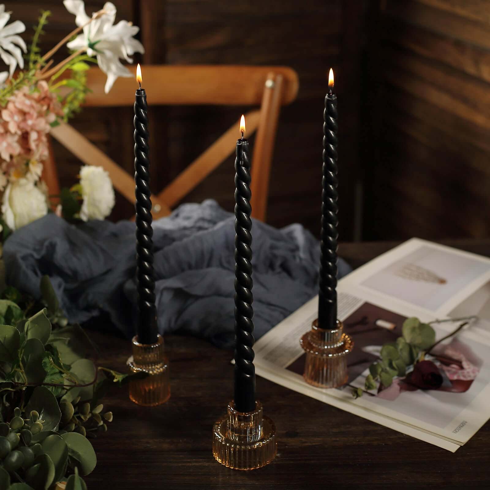 12-Pack Taper Candles Spiral Long Burn Wick Design Black - Premium Unscented Wax Dinner Candle Sticks 11"