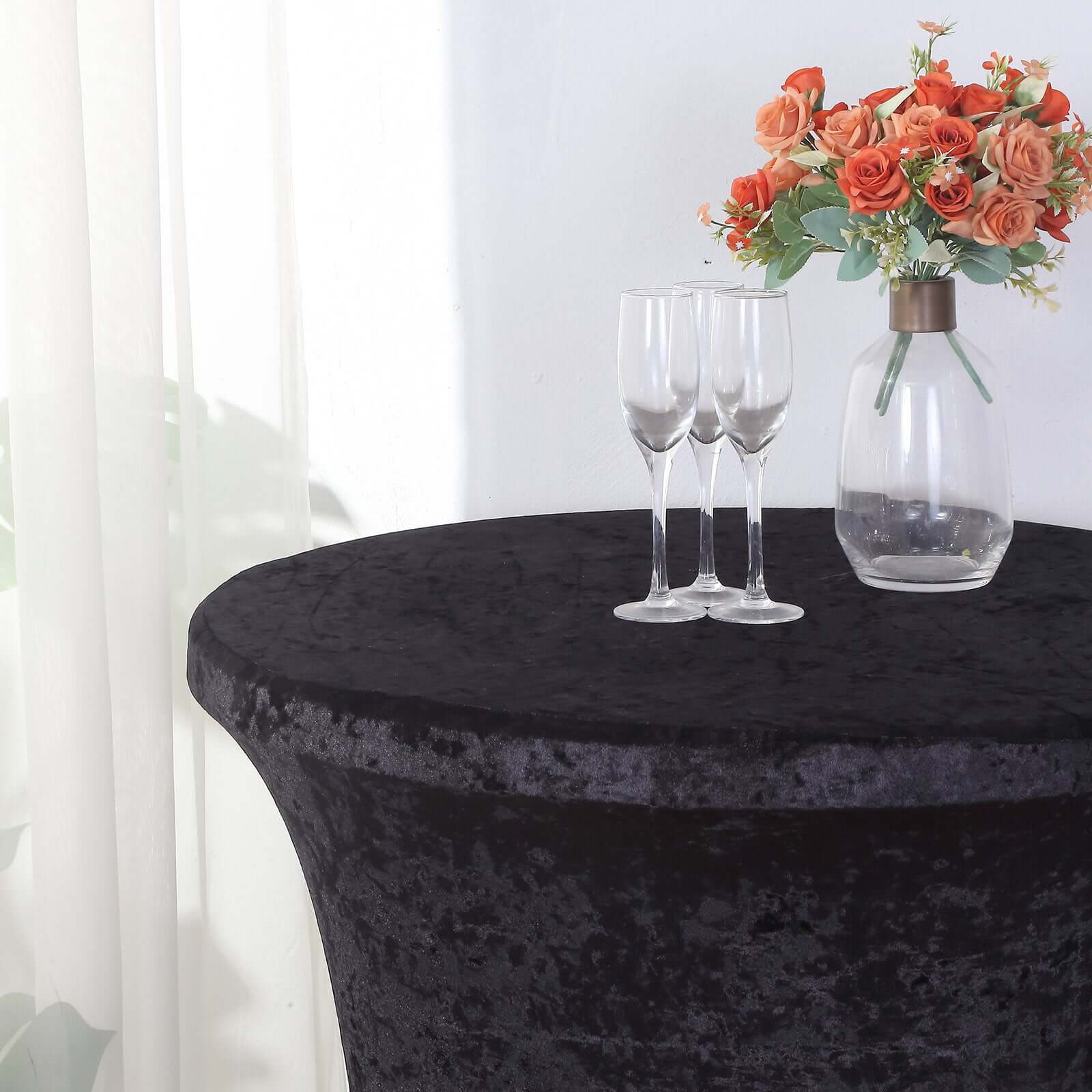 Crushed Velvet Spandex 32" Round Cocktail Table Cover Black Smooth Highboy Tablecloth