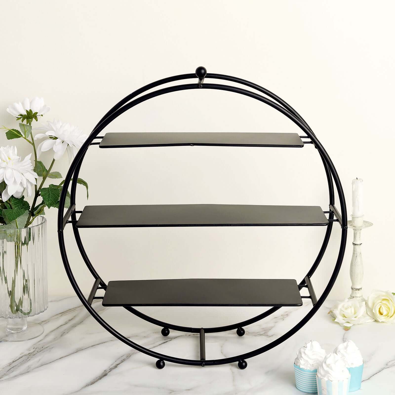 3-Tier Metal Round Cupcake Stand Matte Black - Stylish Dessert Holder Appetizer Display for Modern Weddings Dessert Buffets & Celebrations 21"