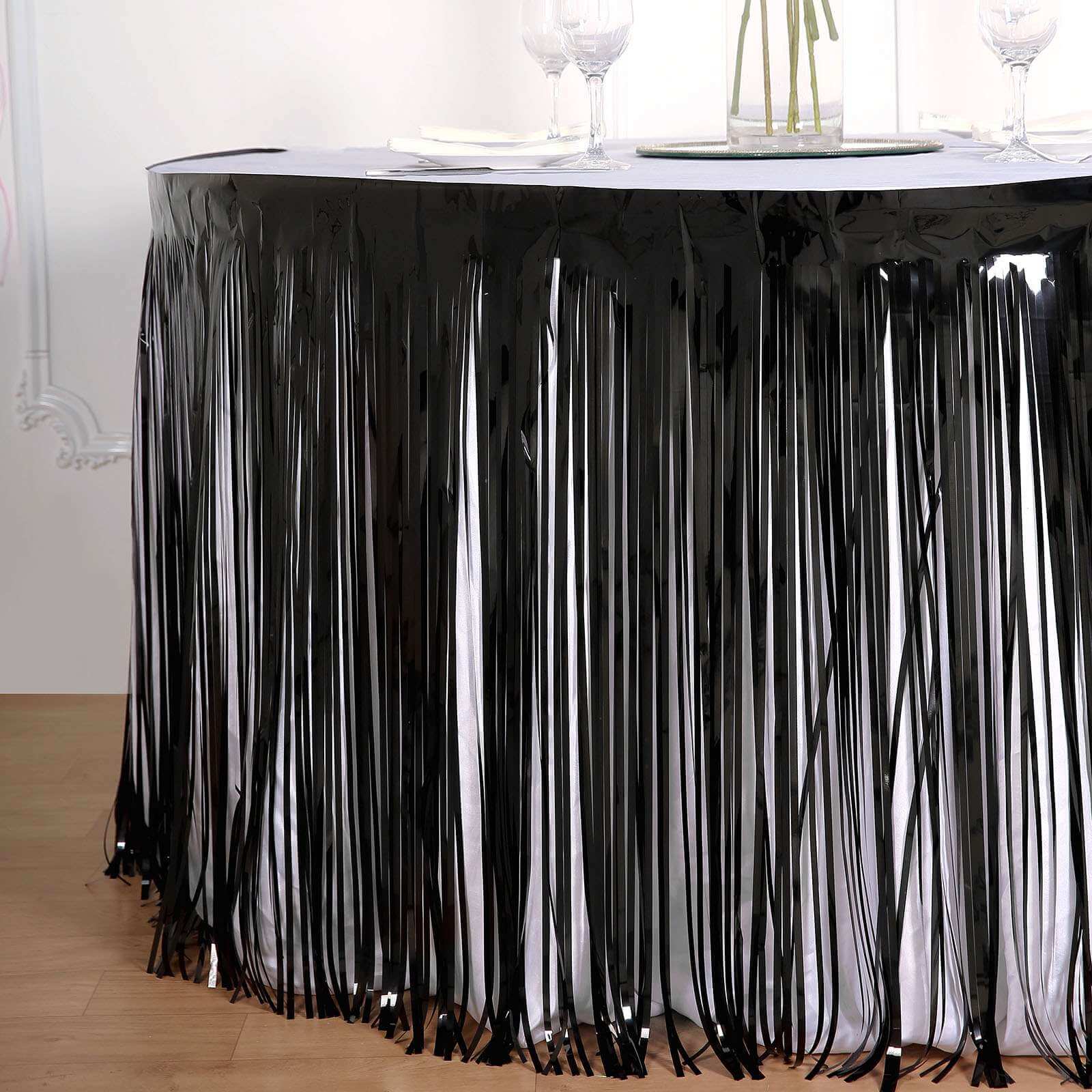 Metallic Foil Fringe Table Skirt Black with Self Adhesive Backing - Durable Tinsel Skirt for Parties 30"x9ft