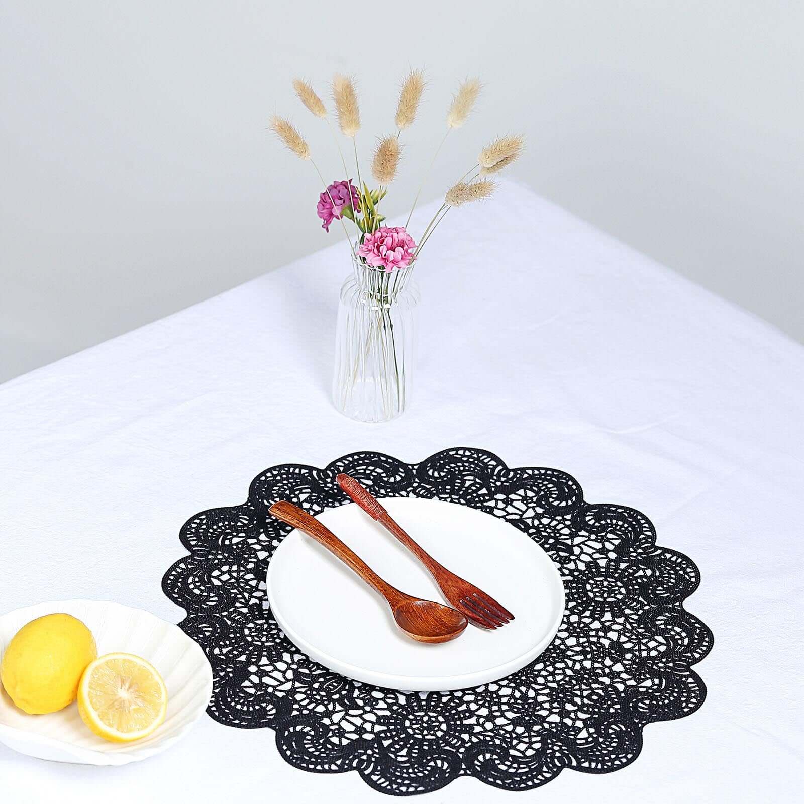 6-Pack Dining Table Mats Floral Lace Design Black - Vinyl Non-Slip Surface with Vintage Appeal 15"