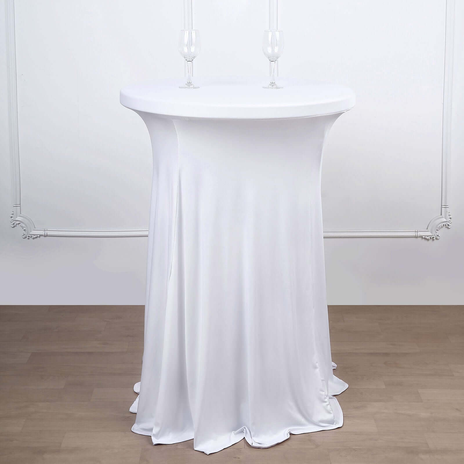 Spandex 32" Round Cocktail Table Cover Skirt White With Natural Wavy Drapes - Stylish & Sophisticated Event Decor