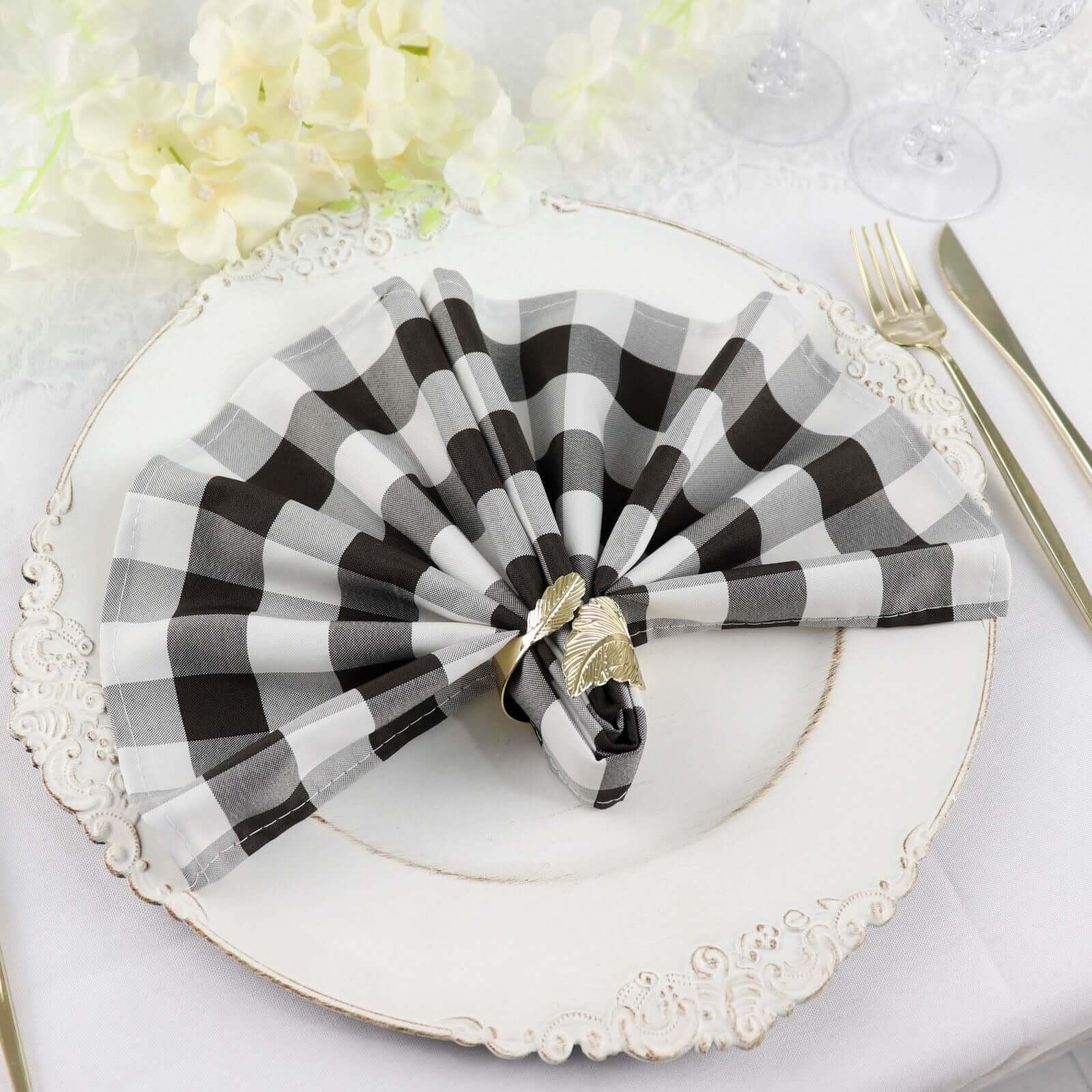 5 Pack Polyester 15"x15" Napkins Black/White Buffalo Plaid Gingham Style Cloth Napkins for Casual & Outdoor Dining