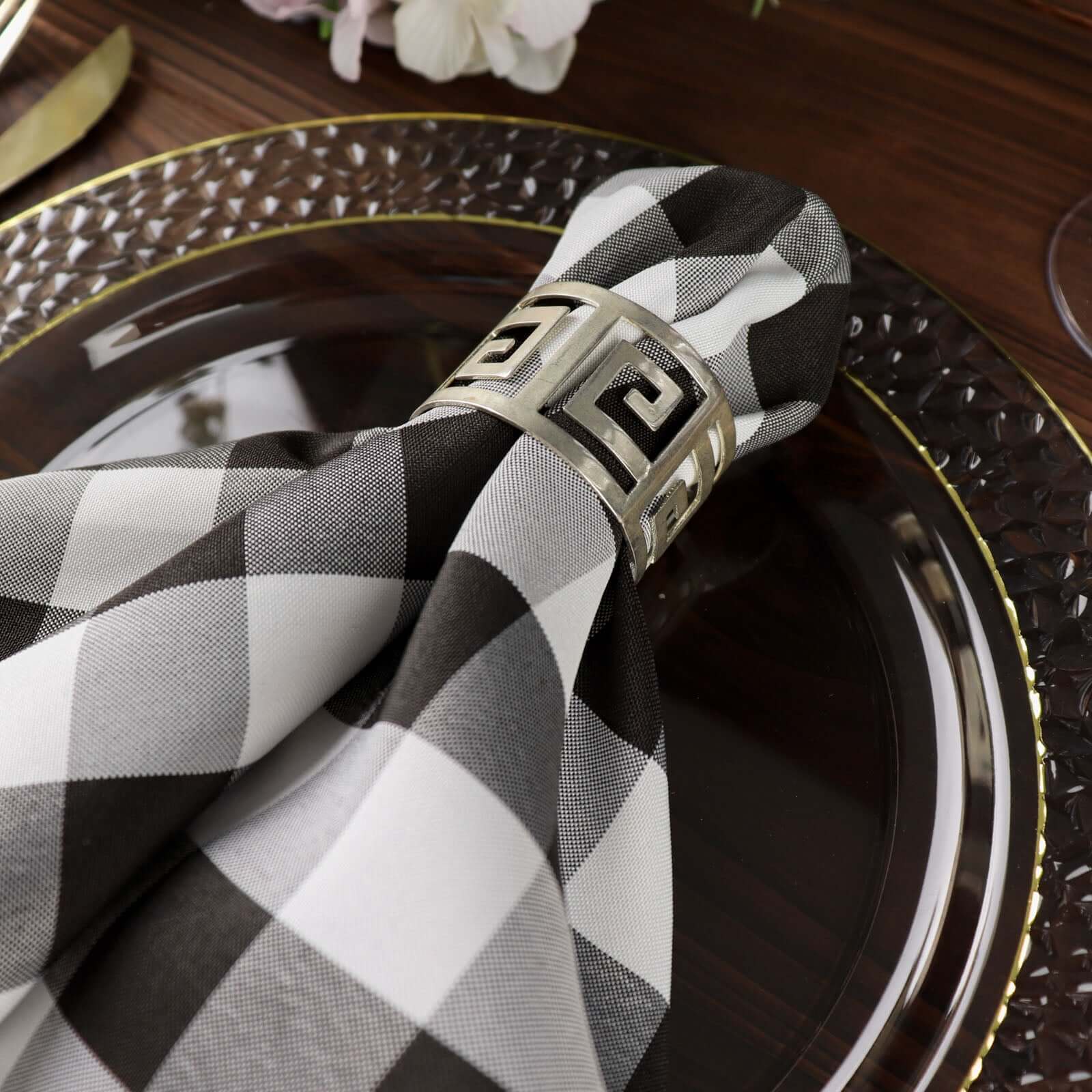 5 Pack Polyester 15"x15" Napkins Black/White Buffalo Plaid Gingham Style Cloth Napkins for Casual & Outdoor Dining
