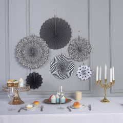 Set of 6 Black White Hanging Paper Fan Decorations, Pinwheel Wall Backdrop Party Kit - 8", 12", 16"