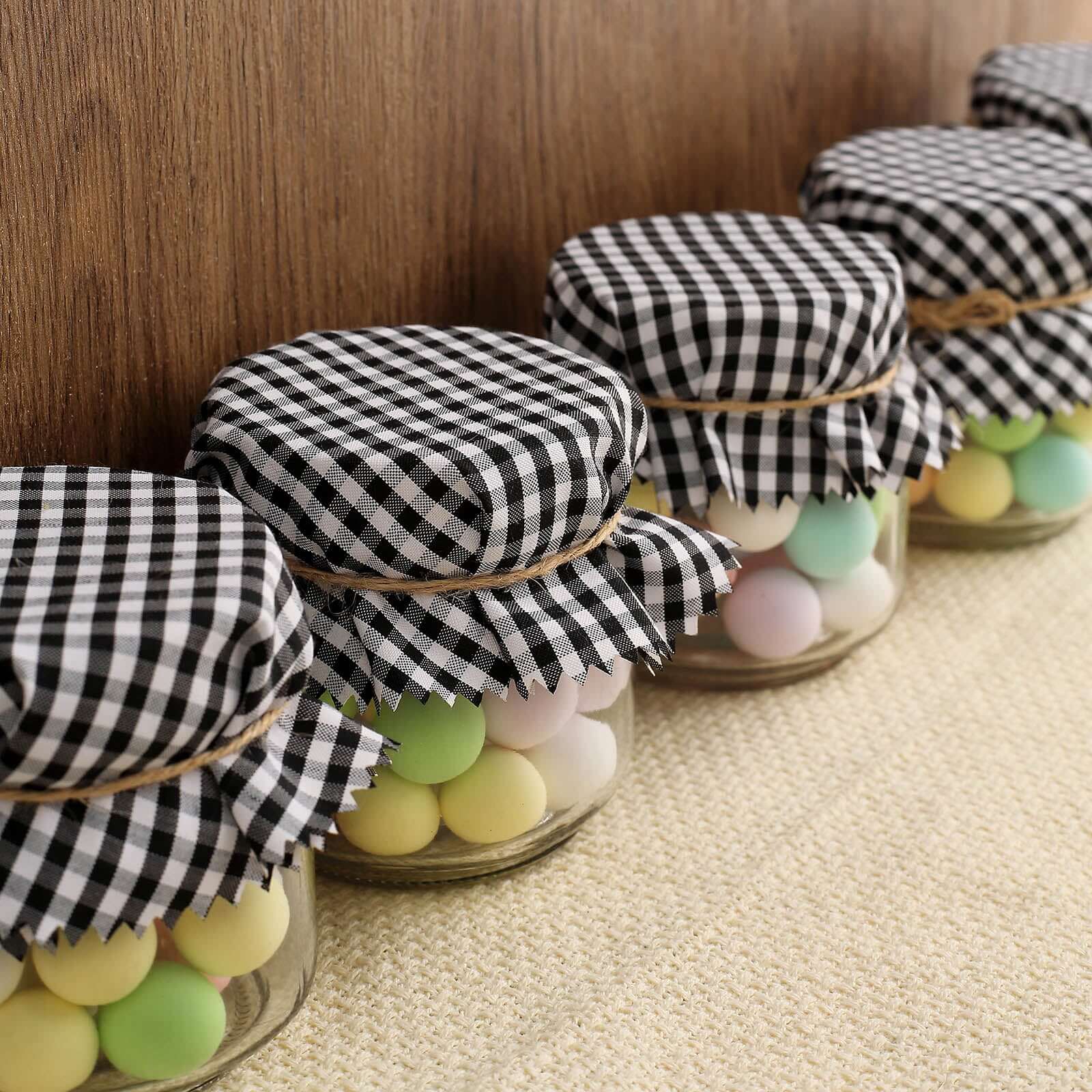 6 Pack 6" Black White Gingham Mason Jar Cloth Lid Covers, Checkered Jam Jar Covers with Jute String