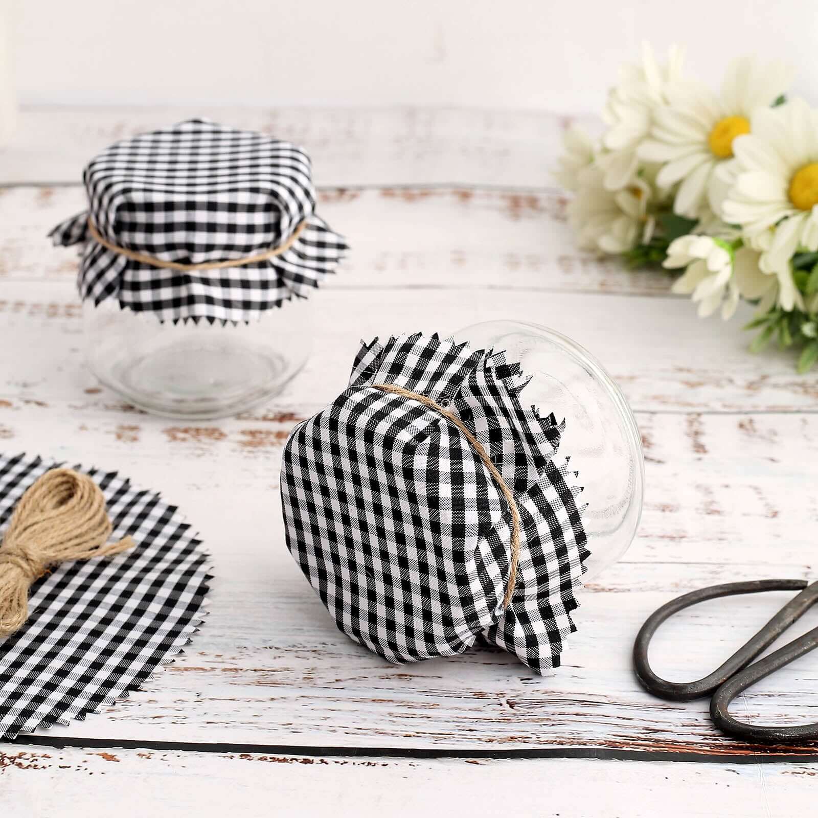 6 Pack 6" Black White Gingham Mason Jar Cloth Lid Covers, Checkered Jam Jar Covers with Jute String