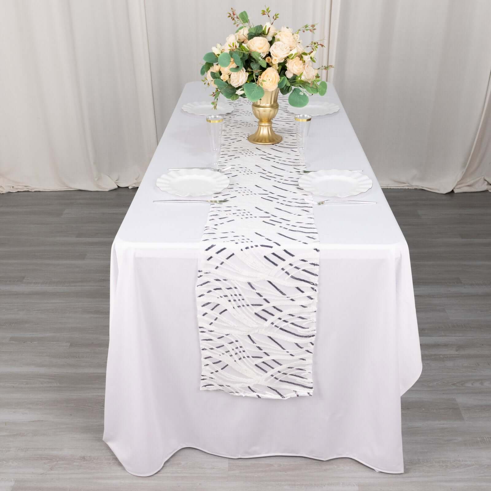 Sequin Mesh 12"x108" Table Runner White Black Stylish Wave Embroidery
