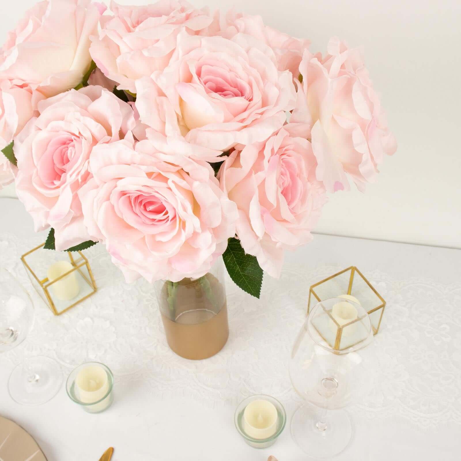 2 Bushes 17" Blush Premium Silk Jumbo Rose Flower Bouquet, High Quality Artificial Wedding Floral Arrangements