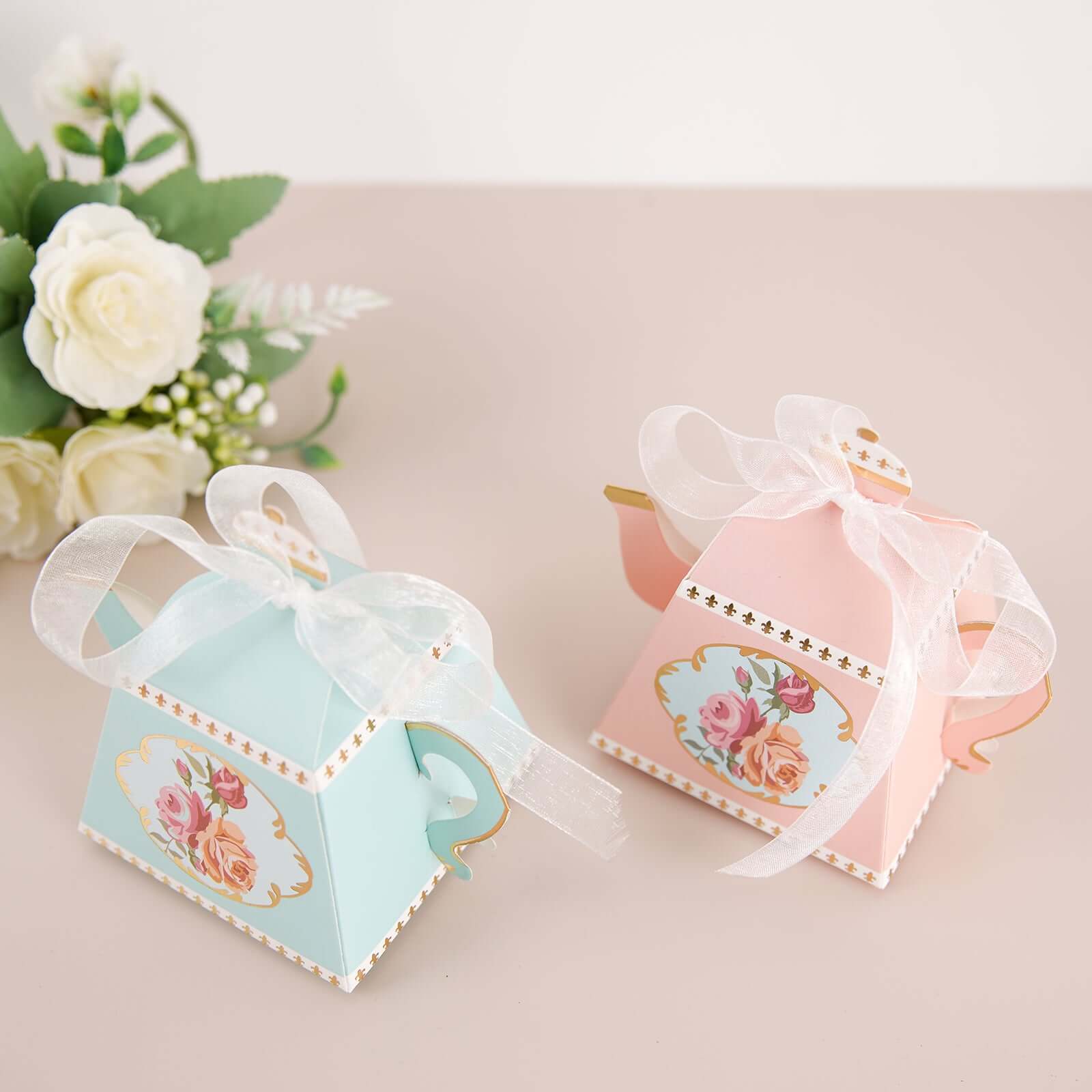 25 Pack 4" Light Turquoise Mini Teapot Favor Boxes, Vintage Rose Gift Boxes with Ribbons
