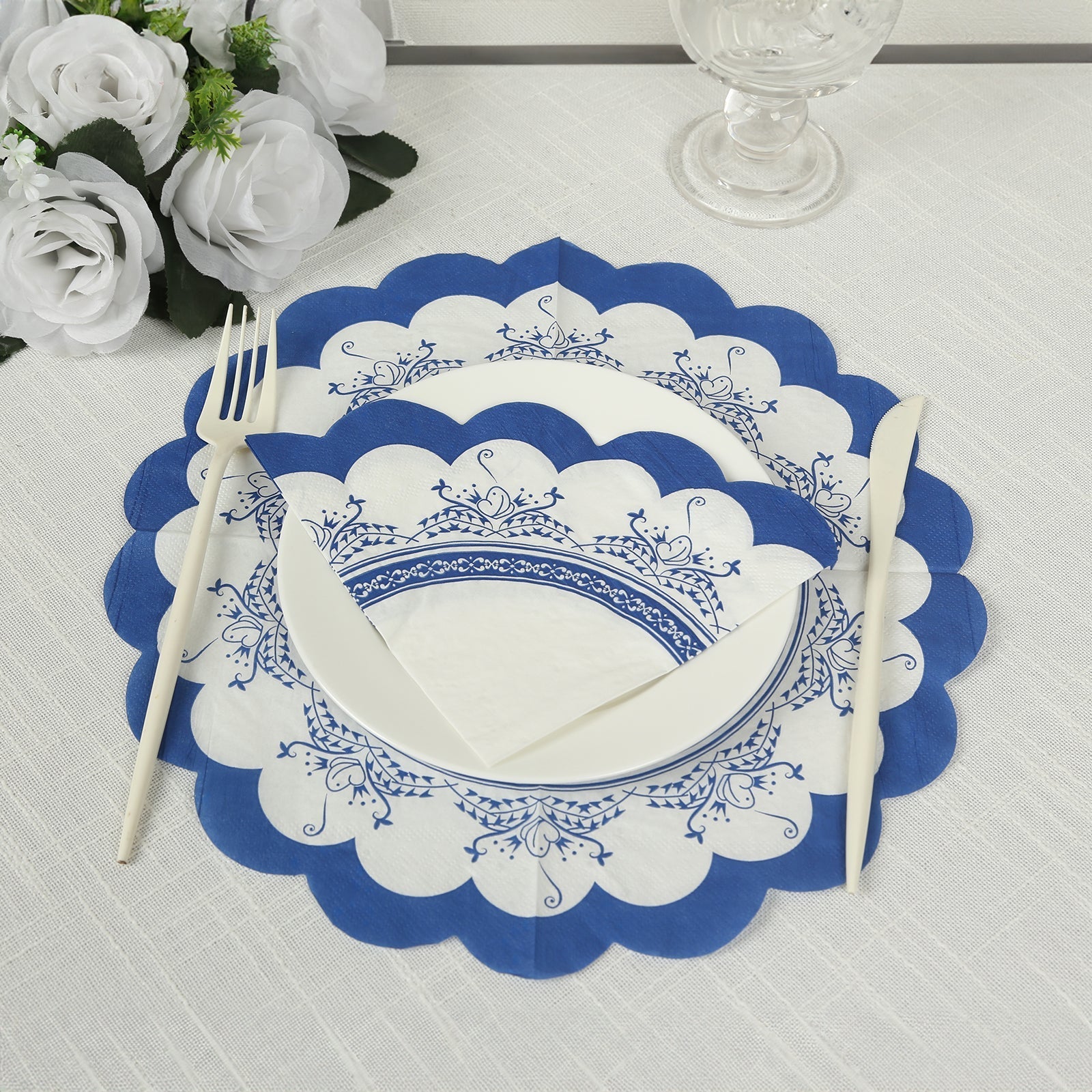 48-Pack Round Paper Cocktail Napkins with Vintage Floral Mixed Design and Scalloped Edges - Soft 2 Ply Disposable Napkins 12"