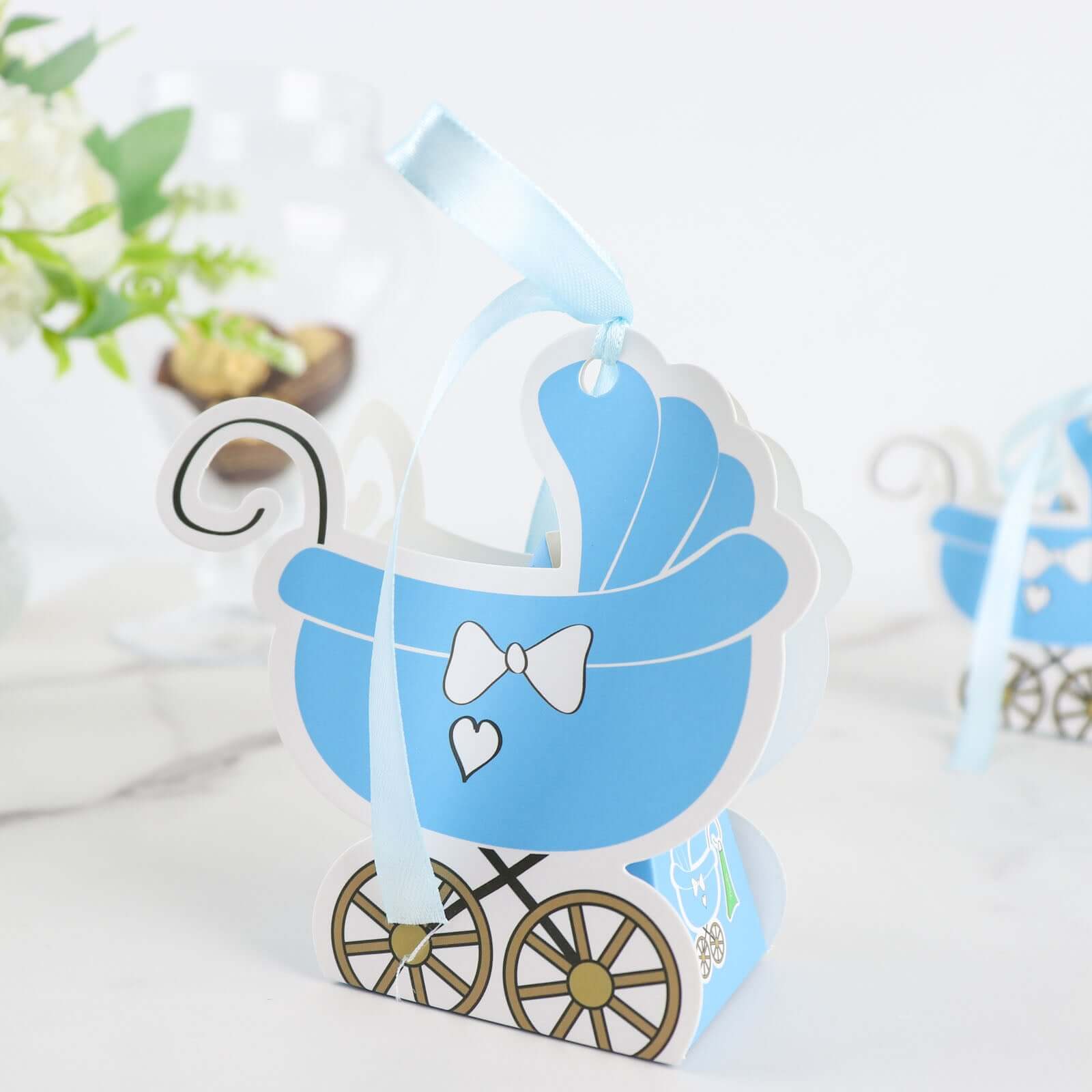 25 Pack Light Blue Baby Paper Stroller Party Favor Gift Boxes, Cardstock Carriage Candy Boxes with Ribbon Ties - 4.5"x2"x4"