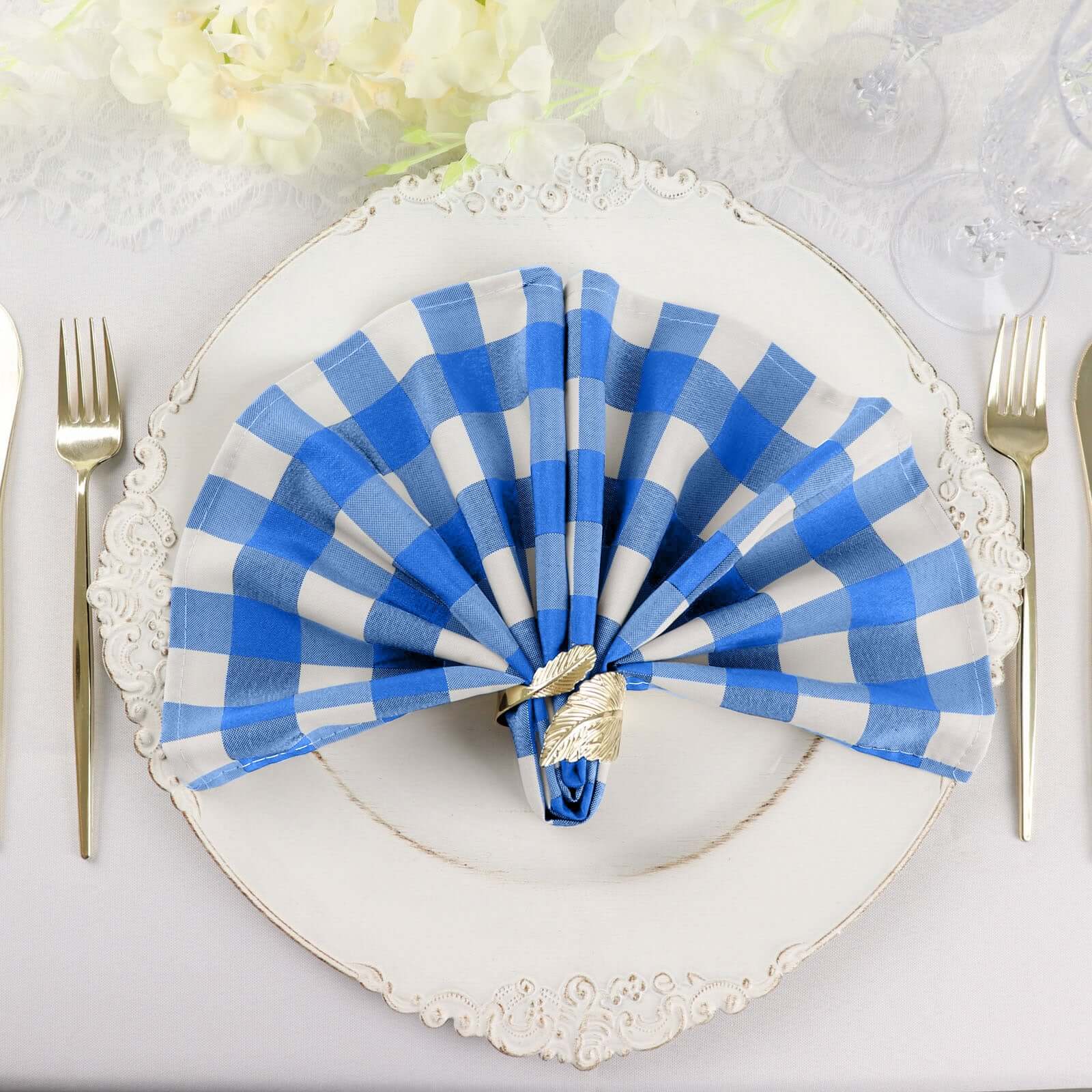 5 Pack Polyester 15"x15" Napkins Blue/White Buffalo Plaid Gingham Style Cloth Napkins