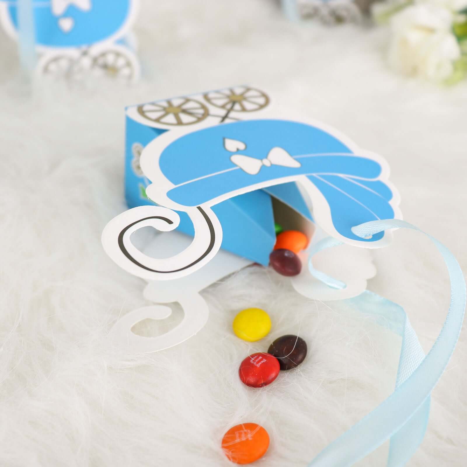 25 Pack Light Blue Baby Paper Stroller Party Favor Gift Boxes, Cardstock Carriage Candy Boxes with Ribbon Ties - 4.5"x2"x4"