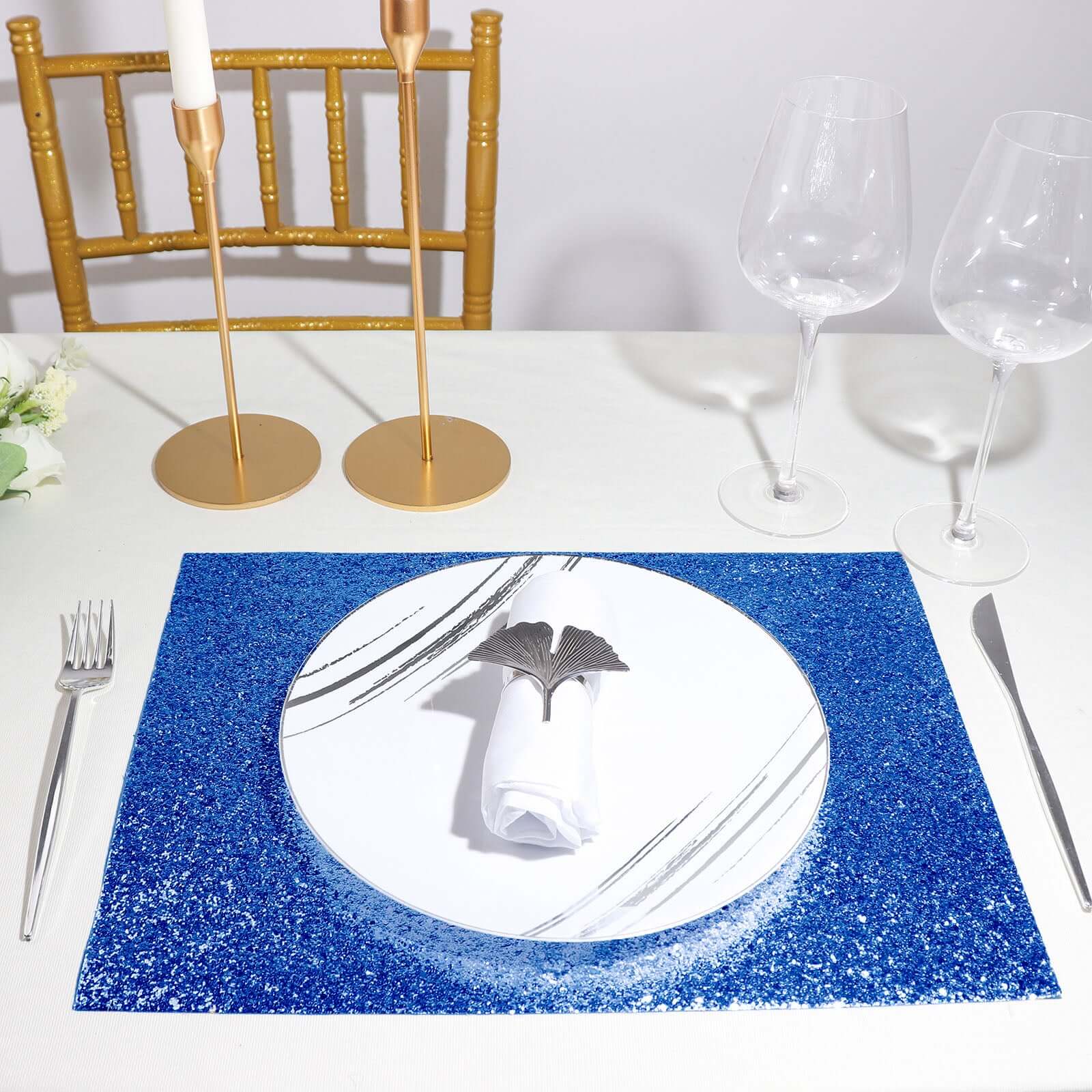 6-Pack Placemats Glitter Design Royal Blue Sparkle Rectangle - Non-Slip Decorative Dining Table Mats 12"x18"