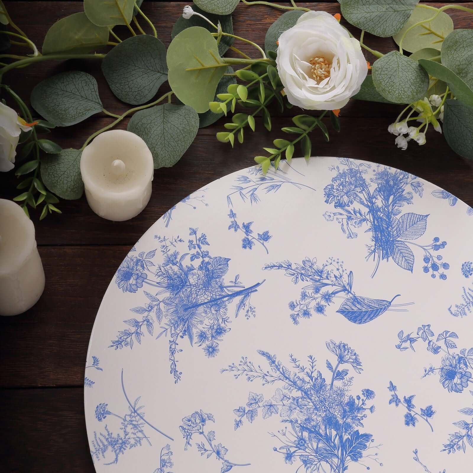 6-Pack Disposable Charger Plates in French Toile Print 13" in White/Blue - 700GSM Floral Paper Chargers for Stylish & Easy Cleanup