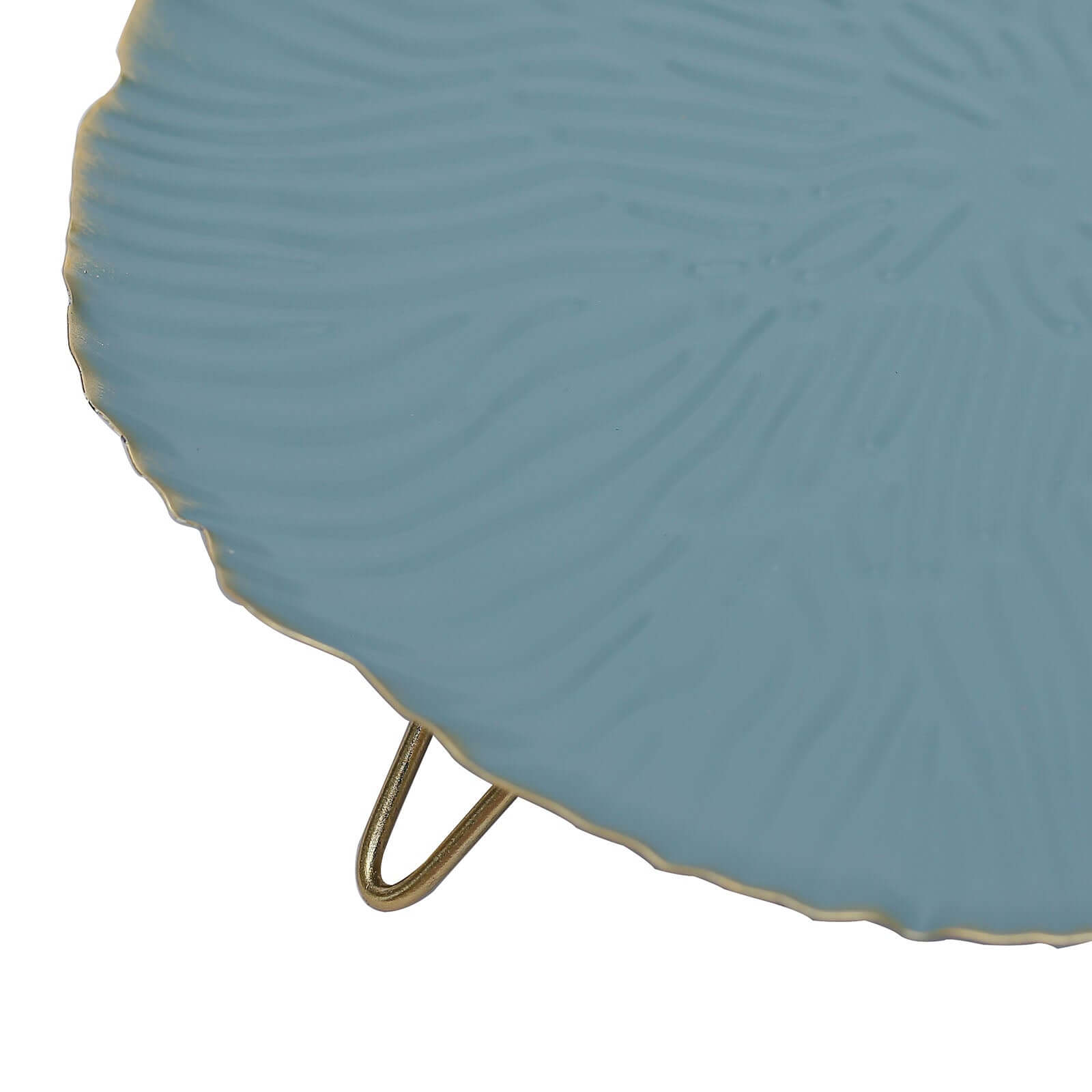 Metal Round Serving Tray 12" in Dusty Blue Floral Pattern with Gold Wavy Rim, Pedestal Dessert Display with Hairpin Legs