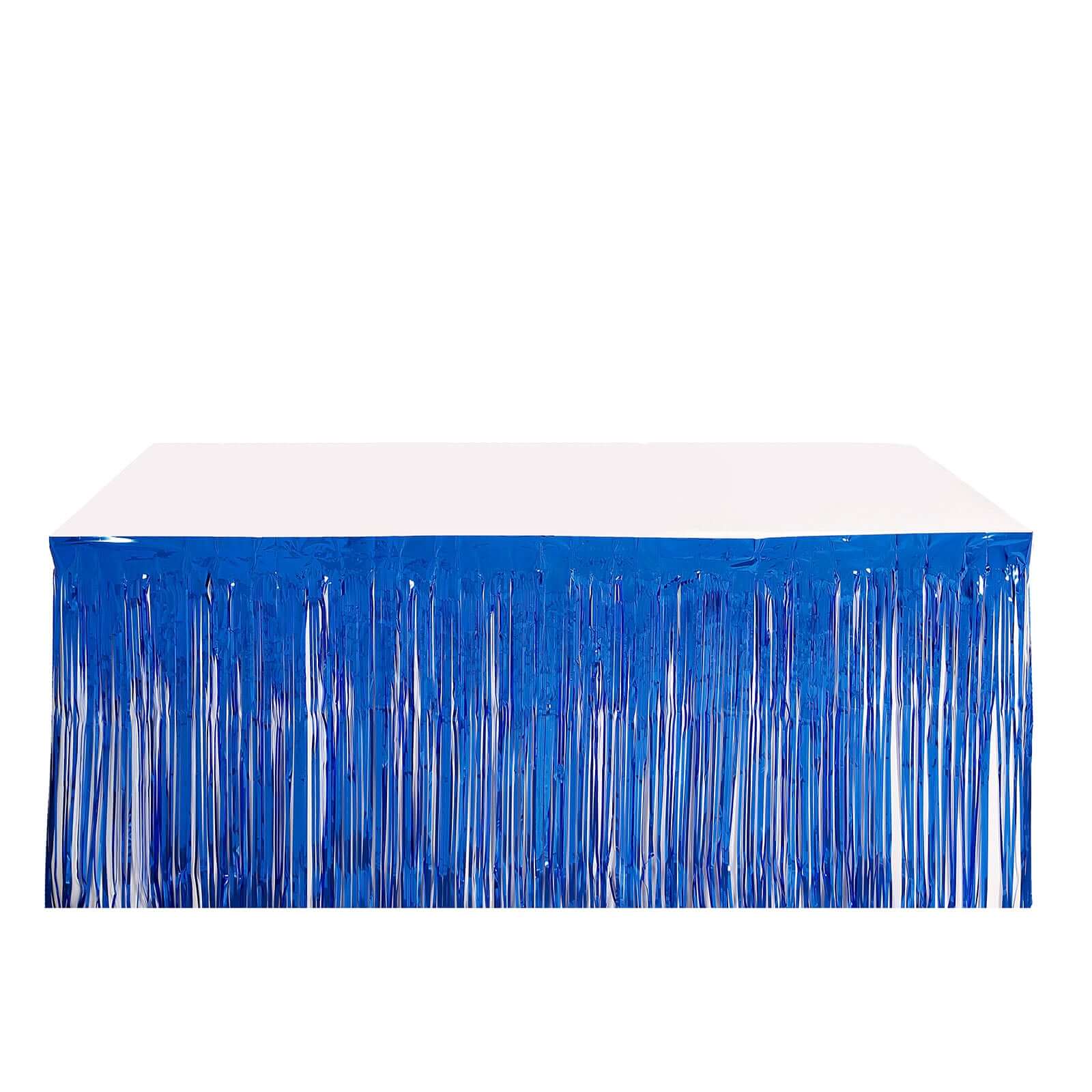 Metallic Foil Fringe Table Skirt Royal Blue with Self Adhesive Backing - Durable Tinsel Skirt for Parties 30"x9ft