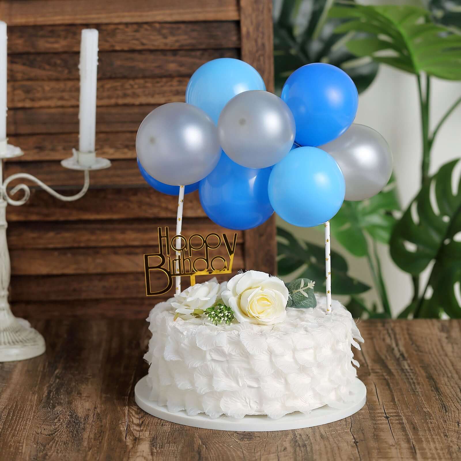 11 Pcs Balloon Cake Topper Light Blue, Royal Blue and Silver - Whimsical Clustered Mini Garland Cake Inserts DIY Party Decorations