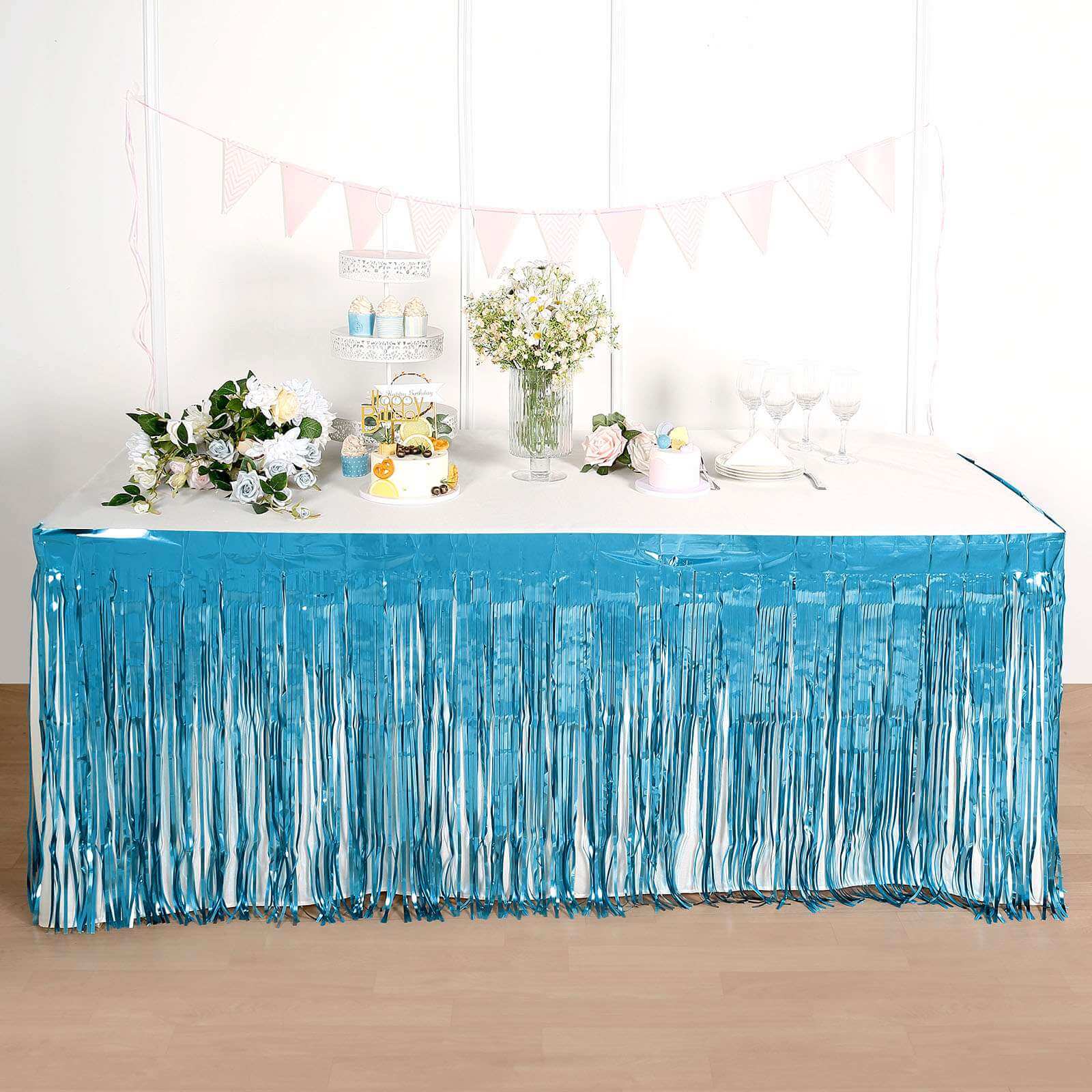 Metallic Foil Fringe Table Skirt Blue with Self Adhesive Backing - Durable Tinsel Skirt for Parties 30"x9ft