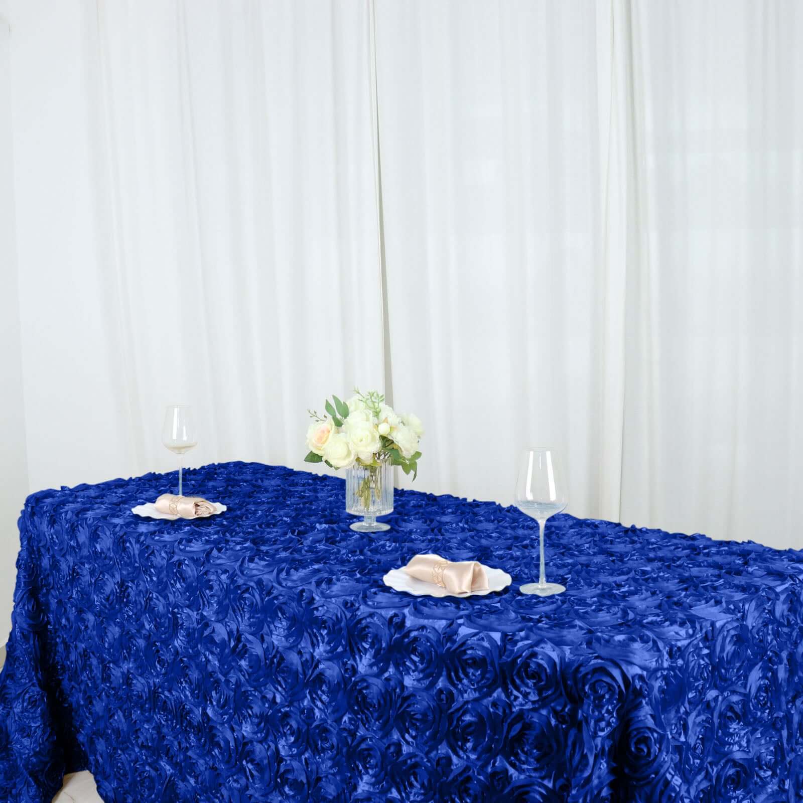 Satin 90"x132" Rectangle Tablecloth Royal Blue - Grandiose 3D Rosette Seamless Table Cover