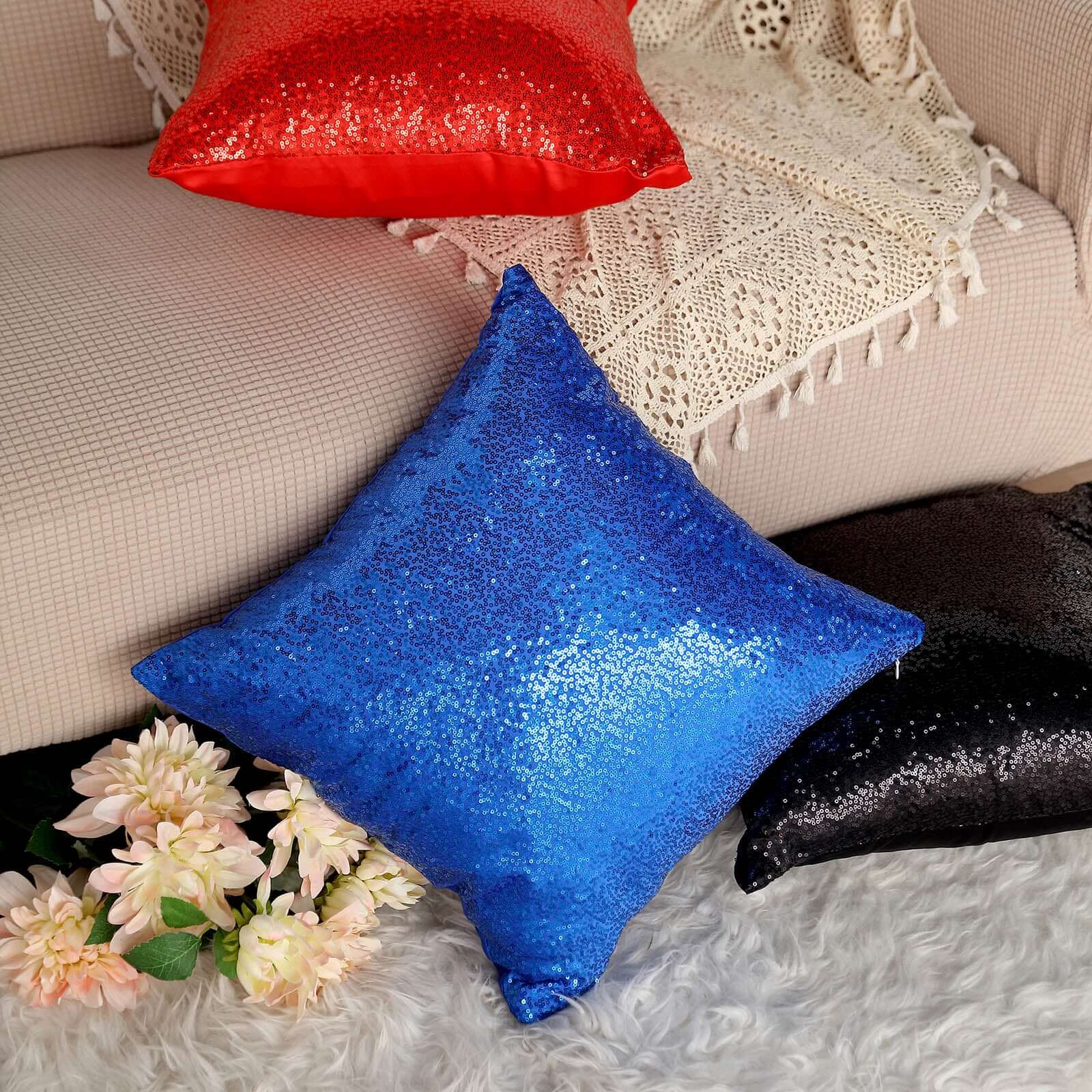 2 Pack 18"x18" Sequin Throw Pillow Cover, Decorative Cushion Case - Square Royal Blue Sequin