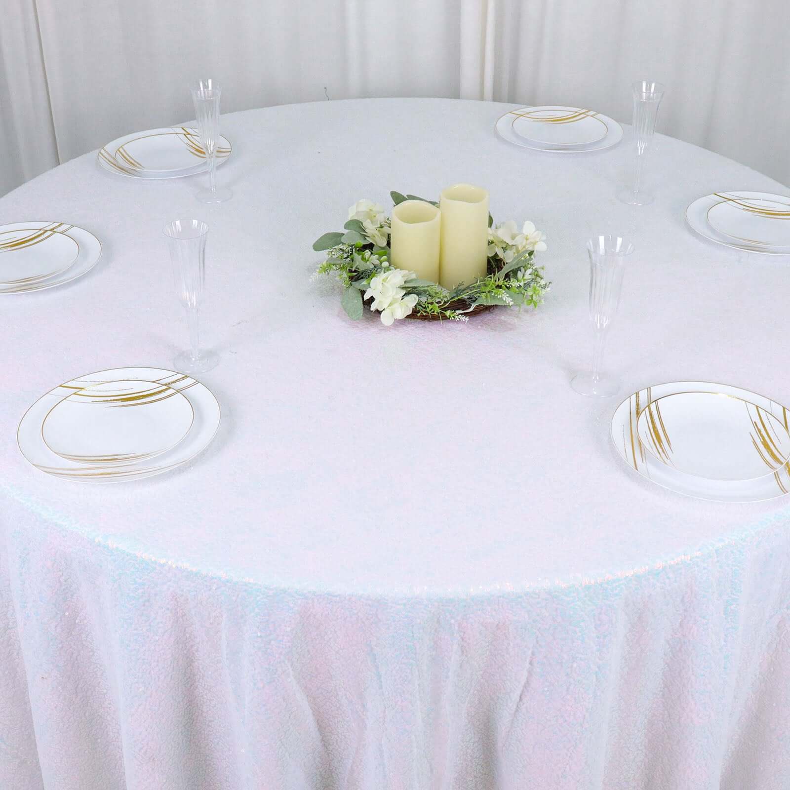 Sequin 132" Round Tablecloth Iridescent Blue - Seamless Dazzling Table Cover