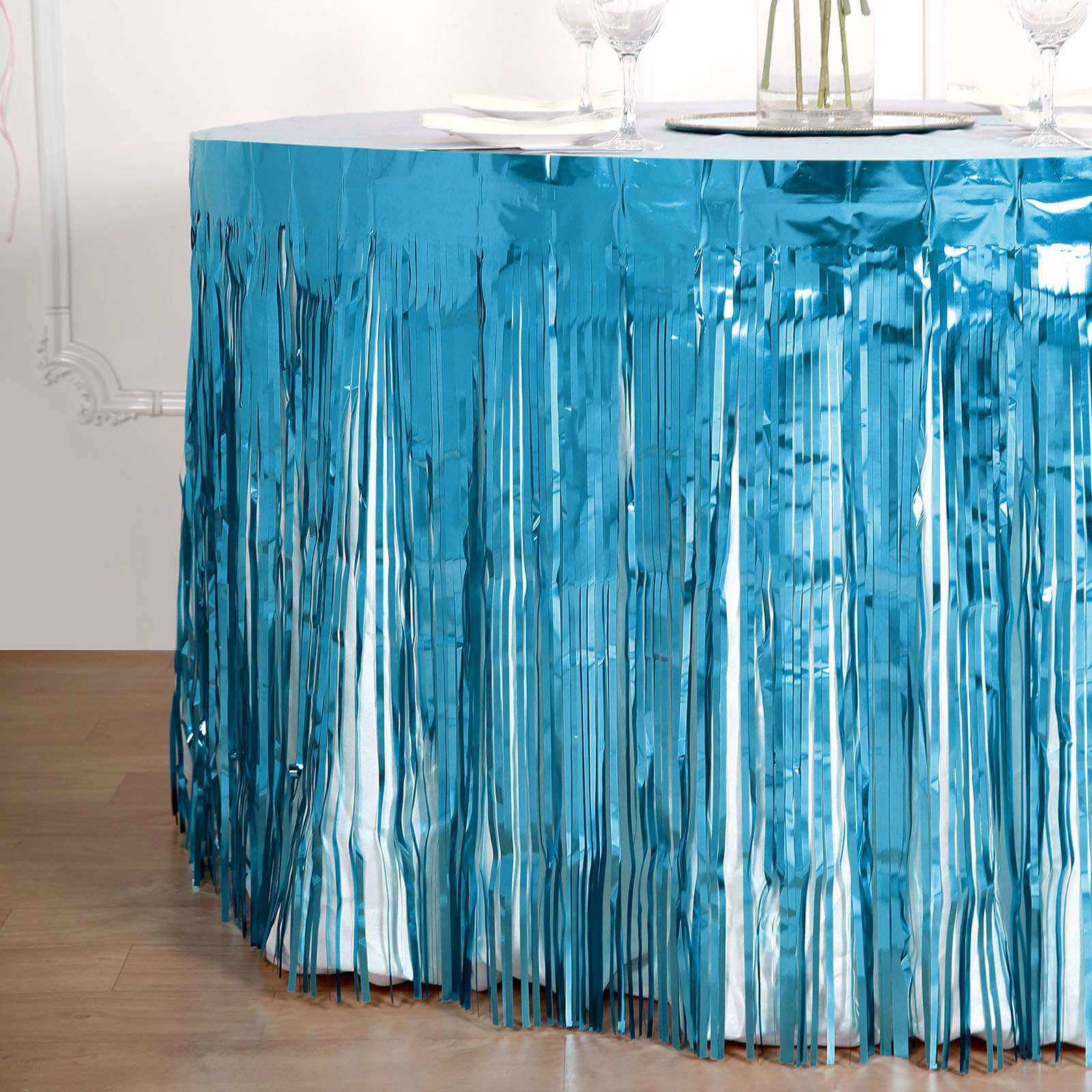Metallic Foil Fringe Table Skirt Blue with Self Adhesive Backing - Durable Tinsel Skirt for Parties 30"x9ft