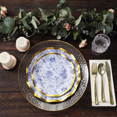 25-Pack Paper Round Dessert Plates 8" in White with Blue French Toile Pattern & Gold Wavy Rim - Disposable 350GSM Salad Plates