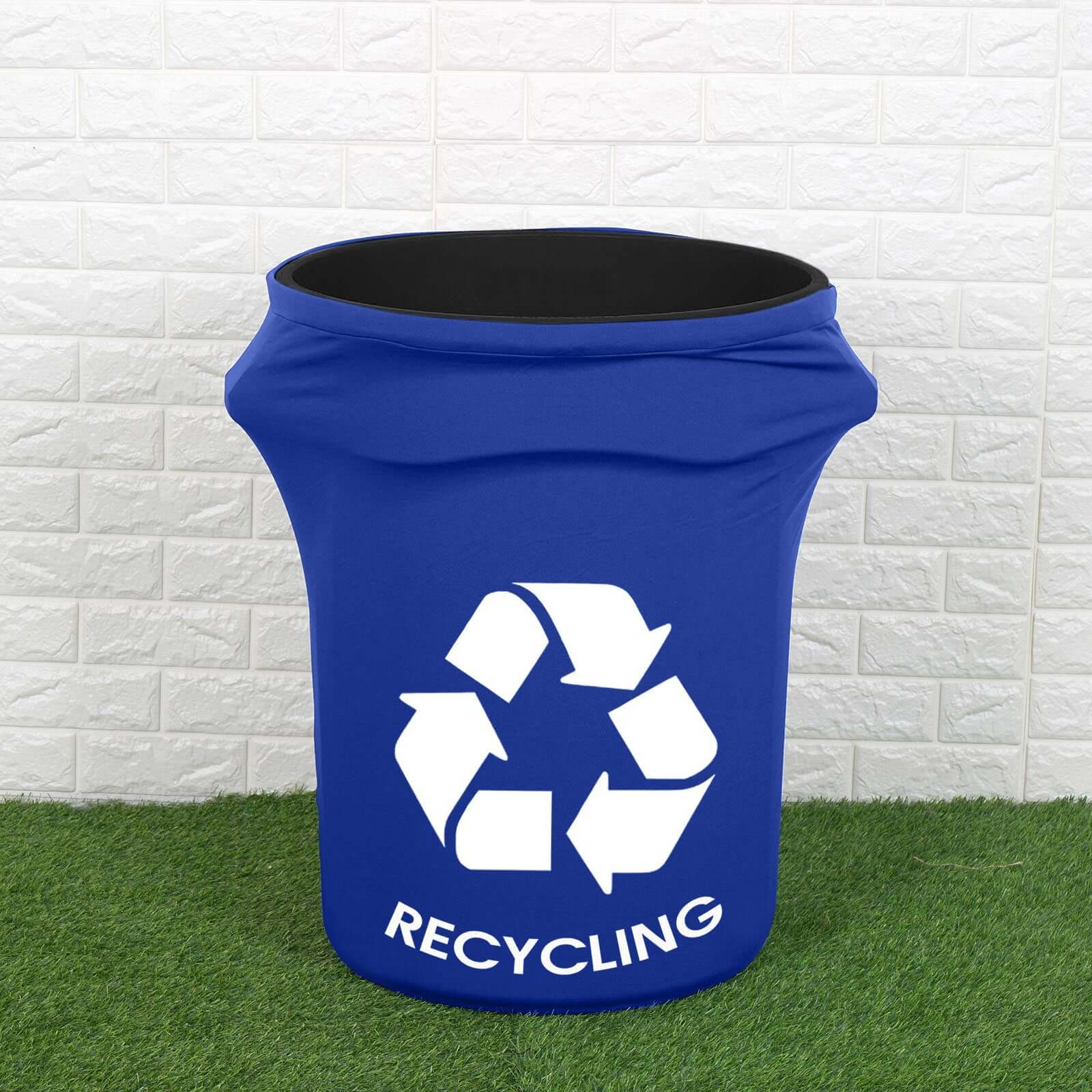 41-50 Gallon Royal Blue Spandex Stretch Trash Can Waste Container Cover With Recycling Logo