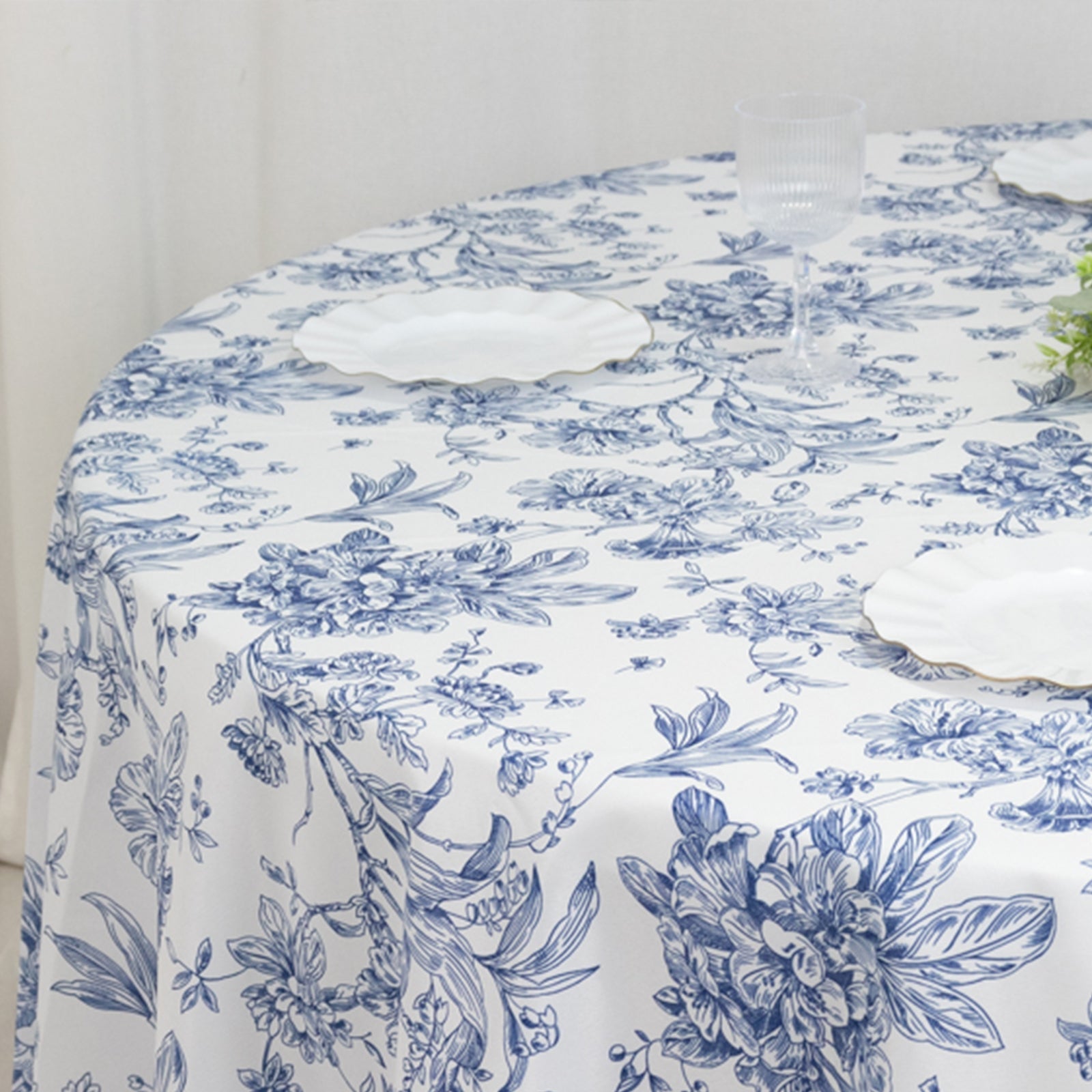 Polyester 120" Round Tablecloth White - Blue French Toile Pattern for Chic Weddings