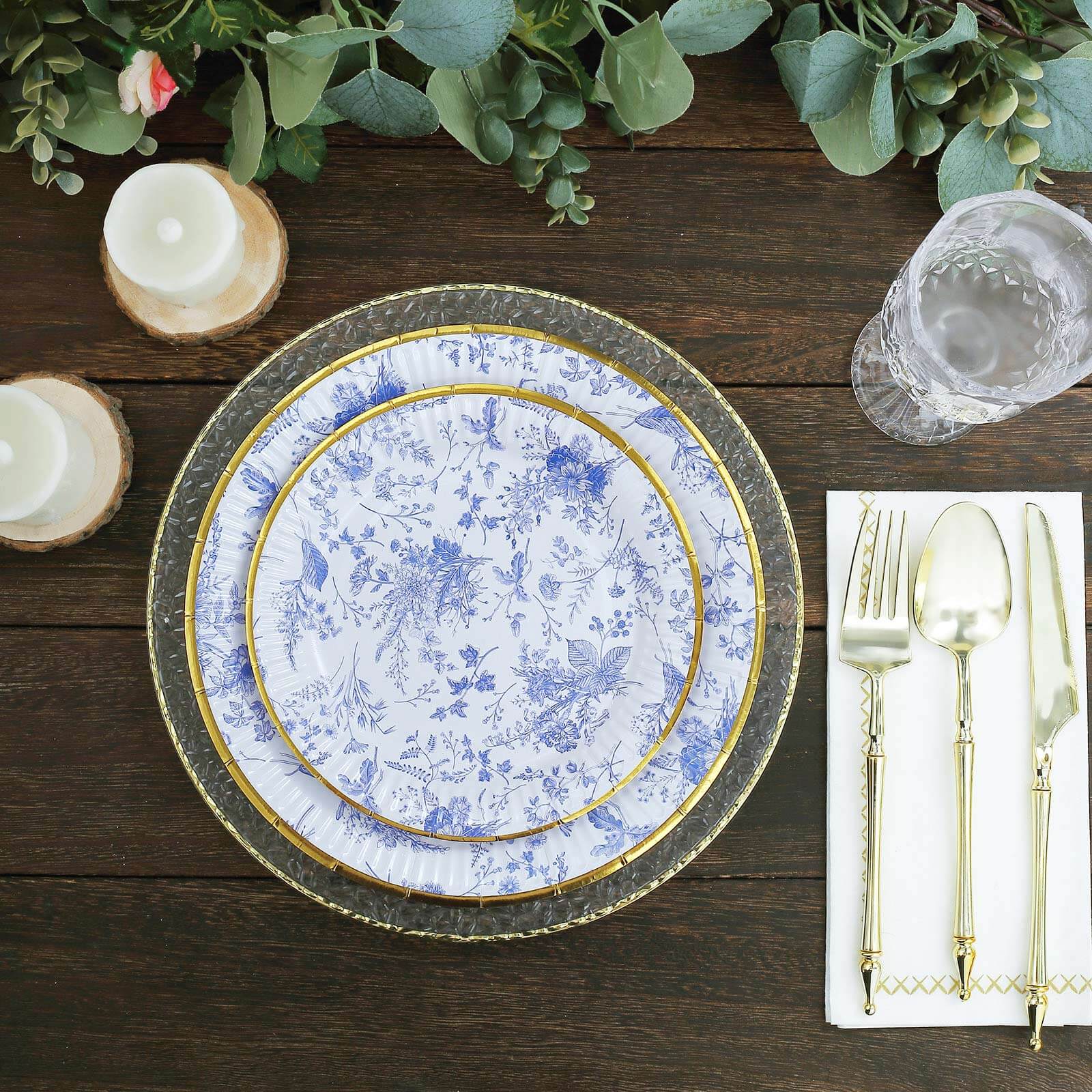 25-Pack Paper 9" Round Dinner Plates in White with Light Blue French Toile Pattern & Gold Rim - Disposable Party Plates for Picnics & Chic Brunches