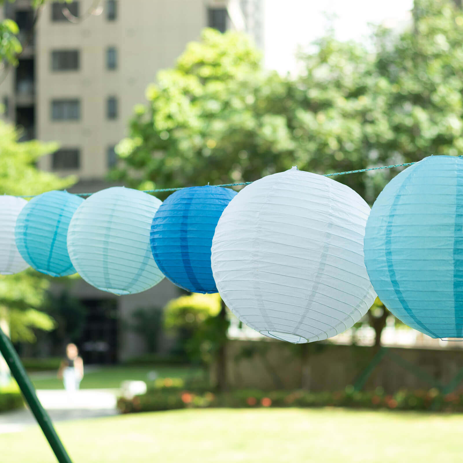 Set of 8 Mixed Blue White Hanging Paper Lanterns, Decorative Round Chinese Sky Lanterns, Assorted Sizes - 6",8",10",14"