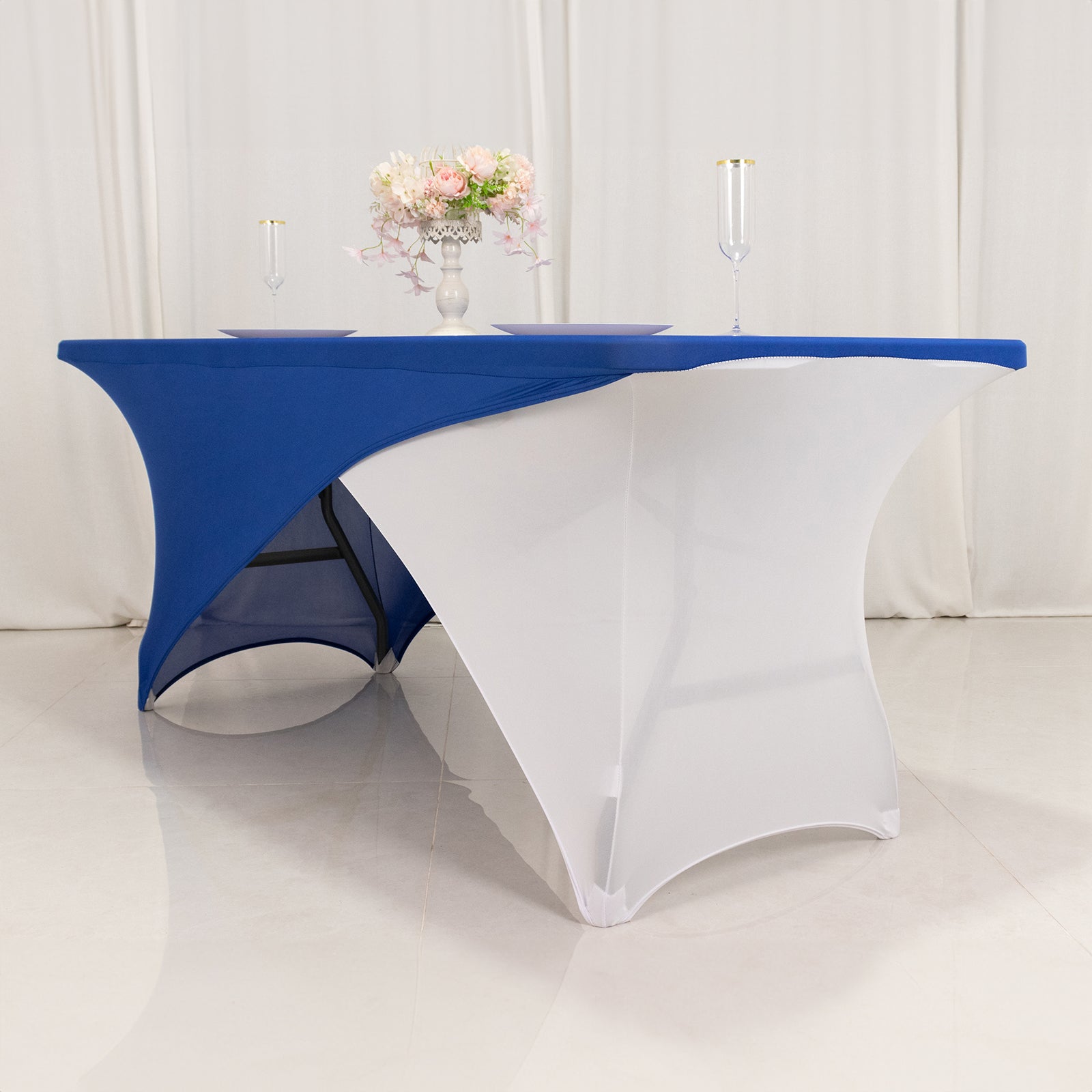 Stretch Spandex 72"x30" Rectangle Table Cover Royal Blue/White Cross Over Design - Two-Piece Fitted Tablecloth with Elastic Foot Pockets